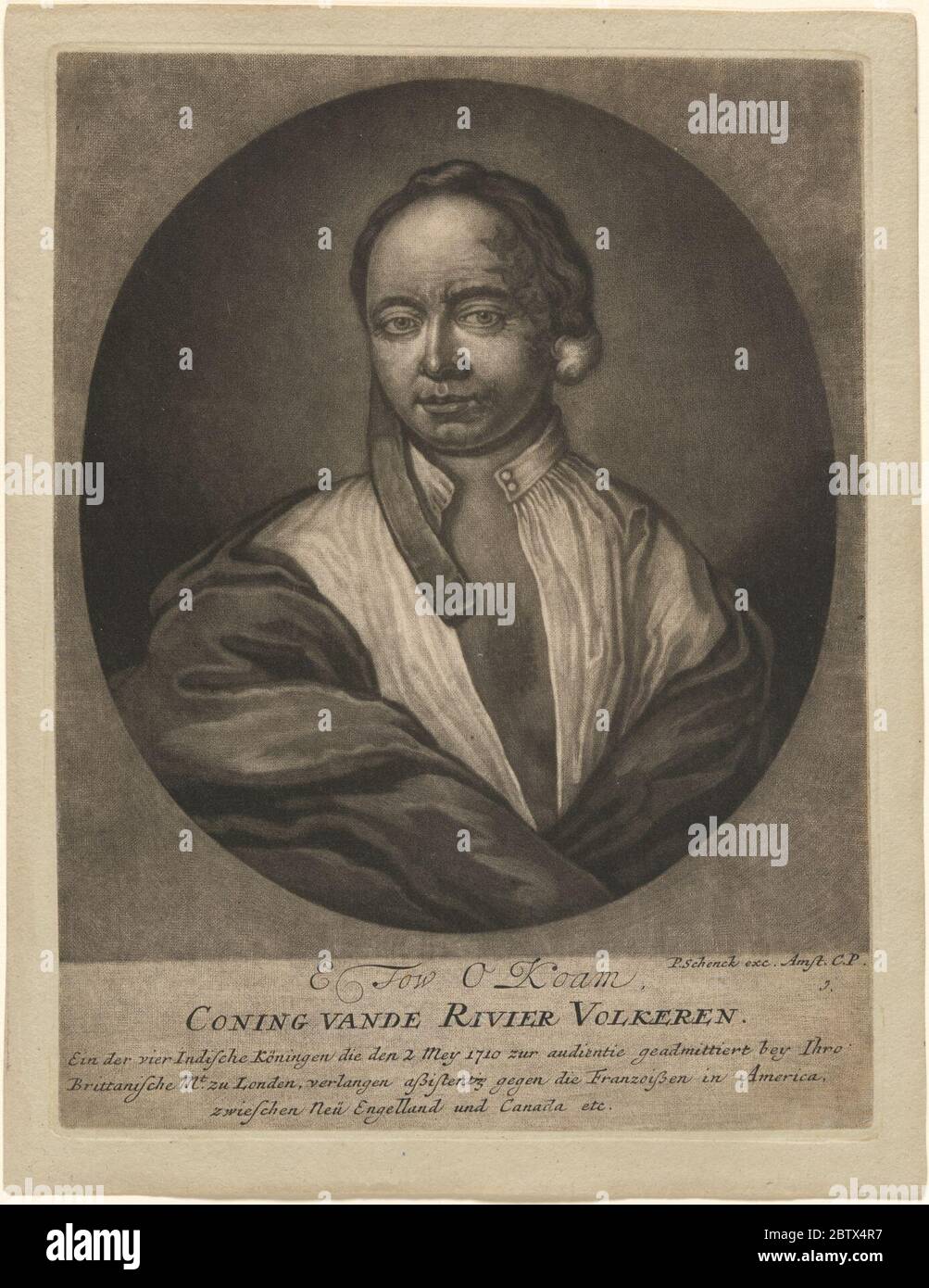 E Tow o Koam coning van de Rivier Volkeren. Nato a New YorkIn 1710, il Mohican Etow Oh Koam e tre compagni Mohawk hanno intrapreso un viaggio diplomatico in Inghilterra come rappresentanti della Confederazione delle cinque nazioni Iroquois. Foto Stock