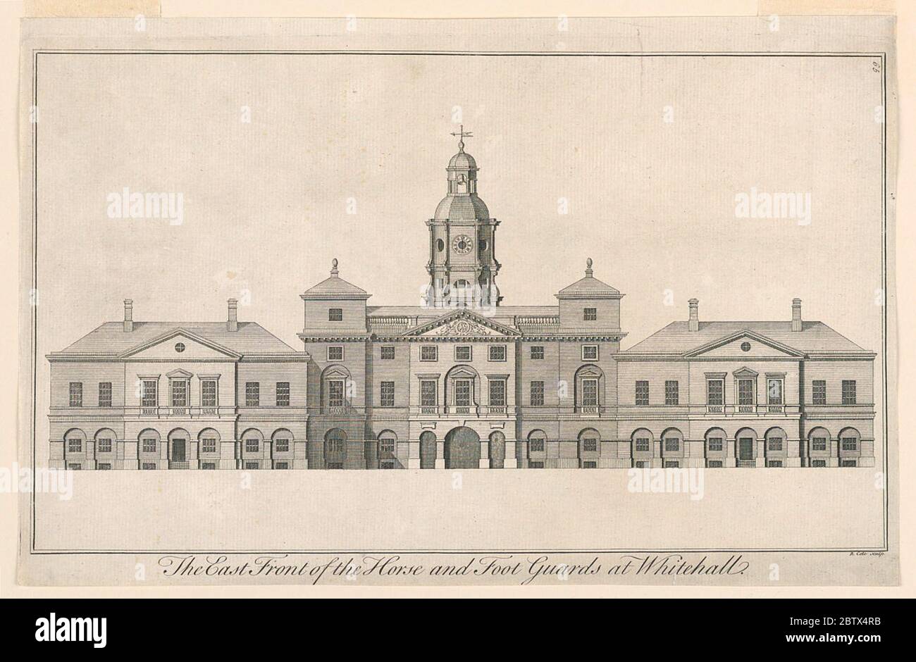 Il fronte est del cavallo e le protezioni piedi a Whitehall. Ricerca in ProgressLa quota orientale della façade principale dei Horsegaurds, Londra, di fronte al Mall. Sotto: 'Il fronte Est del Cavallo e le protezioni dei piedi a Whitehall'; in alto a destra, il numero '65'. Foto Stock