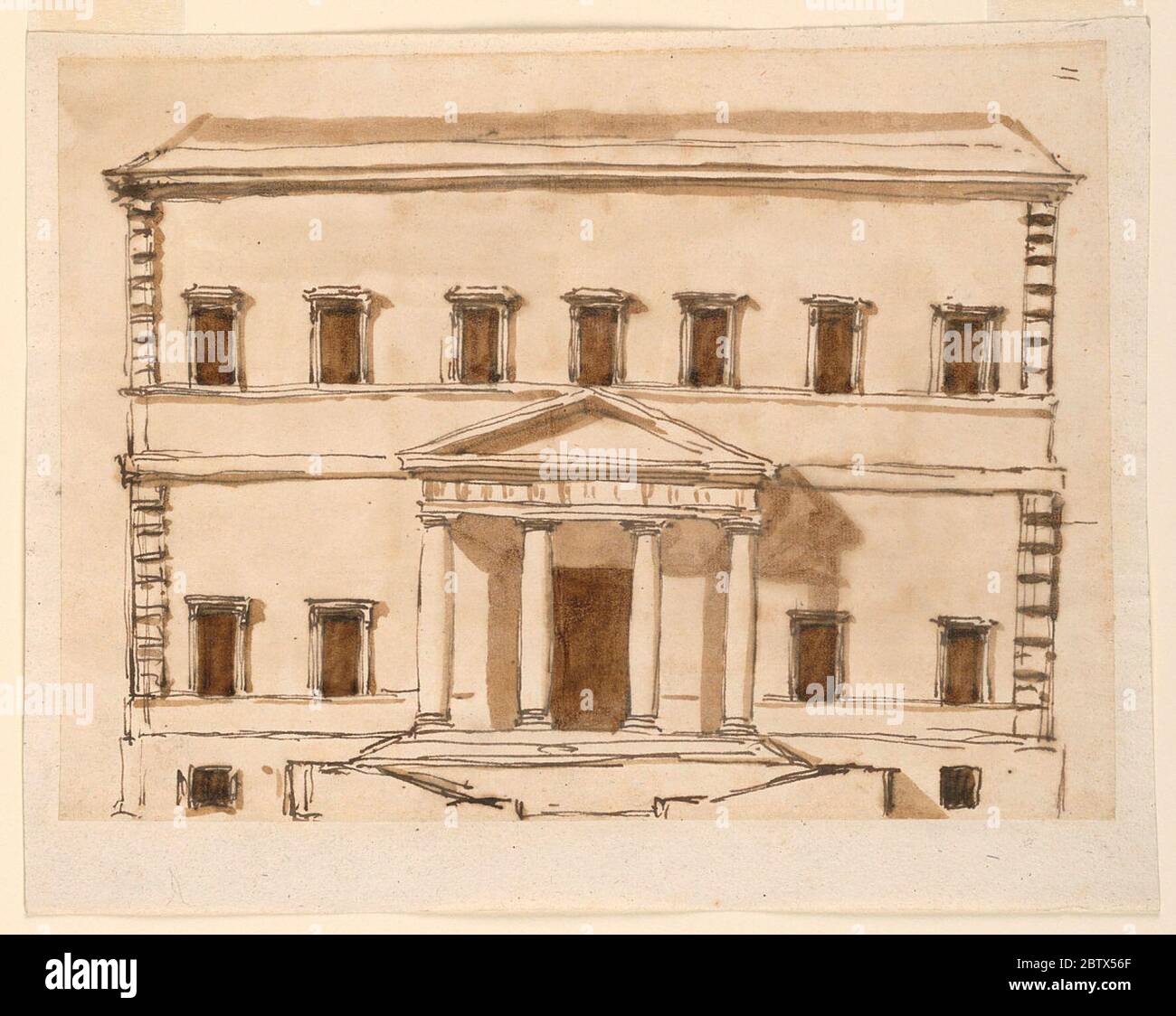 Elevazione di una villa. Ricerca in ProgressVoli di scale fiancheggiate da finestre del seminterrato portano al portico di quattro colonne con un fregio triglicifo e frontone triangolare. Sette finestre all'ultimo piano. Angolo superiore destro: '11', verticale. Forse per Villa Poniatowsky. Foto Stock