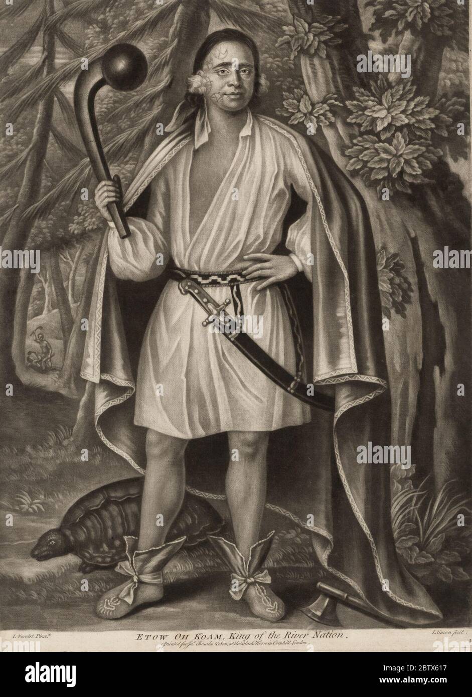 Etow Oh Koam Re della Nazione del Fiume. Il capo di Mohica e Tow Oh Koam fu uno dei cinque leader di Iroquois ad incontrare la regina Anna e la sua corte nell'aprile 1710. Foto Stock