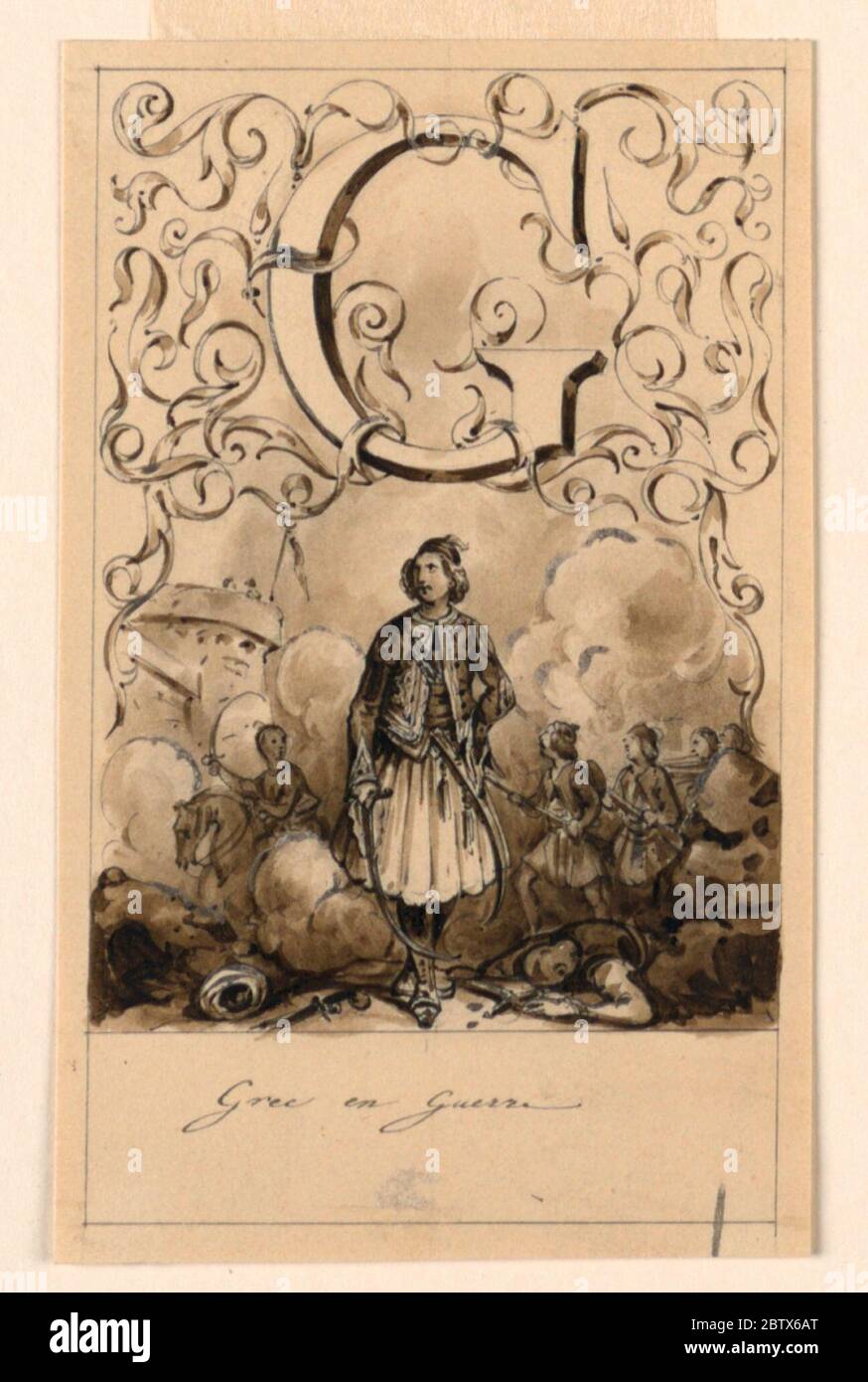 Disegno per la lettera G di una guerra greca in alfabeto pictorico. Ricerca in ProgressLetter sopra, affiancato da rinceau intrecciato. I greci sono visti assalirsi una fortezza. Foto Stock