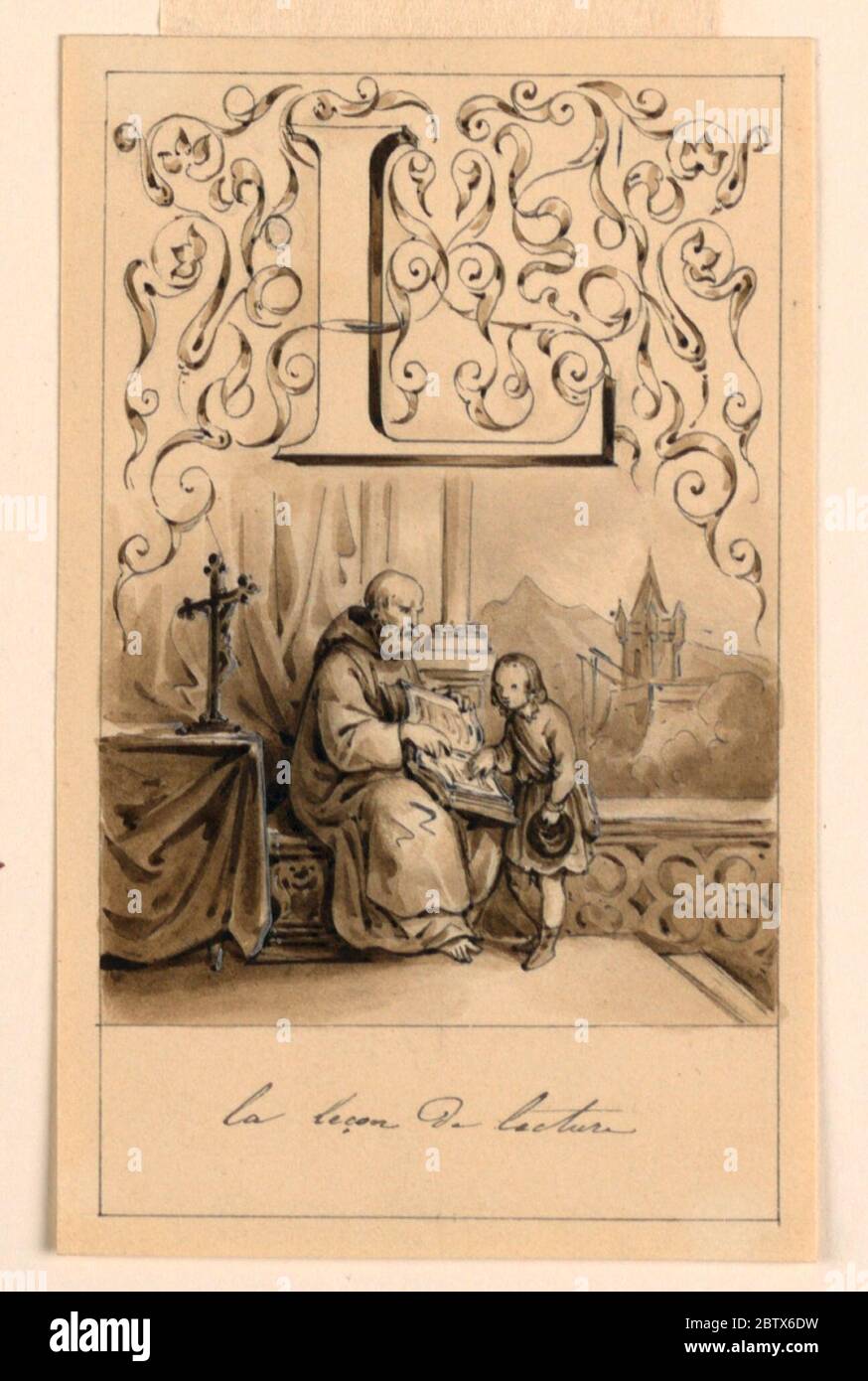 Disegno per la lettera L di un alfabeto pictorico la lezione di lettura. Ricerca in ProgressLetter sopra, affiancato da rinceau intrecciato. Un monaco seduto in un vestibolo è visto insegnare a un ragazzo come leggere. Oltre, una vista delle porte di un castello. Foto Stock Disegno per la lettera L di un alfabeto pictorico la lezione di lettura. Ricerca in ProgressLetter sopra, affiancato da rinceau intrecciato. Un monaco seduto in un vestibolo è visto insegnare a un ragazzo come leggere. Oltre, una vista delle porte di un castello. Foto Stock
