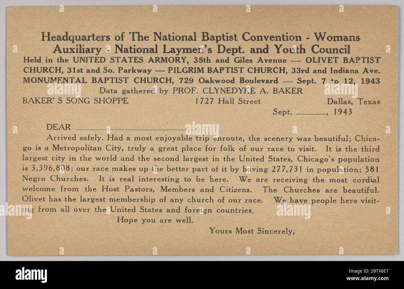 Lettera del modulo per la National Baptist Convention di Chicago. Lettera del modulo per la National Baptist Convention di Chicago del 1943. Il testo stampato sulla scheda è nero su sfondo marrone chiaro. Il titolo in grassetto in alto è [sede della Convenzione Battista Nazionale – Donne [sic] / Ausiliare – Dipartimento Nazionale dei laici e Consiglio dei giovani]. Foto Stock