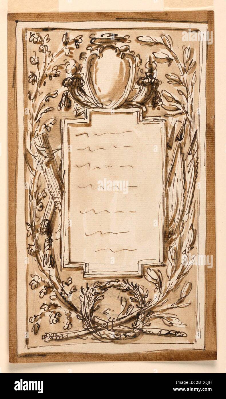 Telaio. Ricerca in ProgressIl disegno e la decorazione sono variazioni di 1938-88-1912. Cornucopie coronate da fiamme che attraversano dietro lo scaglione. Il punto di attraversamento dei rami è circondato da una corona. Foto Stock