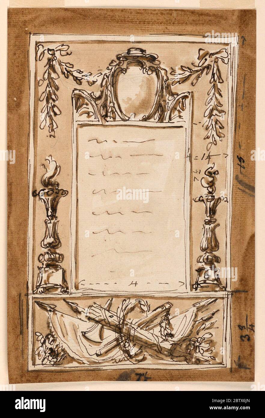 Telaio. Ricerca in ProgressSubdivied in un pannello sotto, decorato con un trofeo o armi; circondato da una corona che si trova sopra di esso, e la parte rimanente della cornice esterna. Pannello per l'iscrizione. Foto Stock