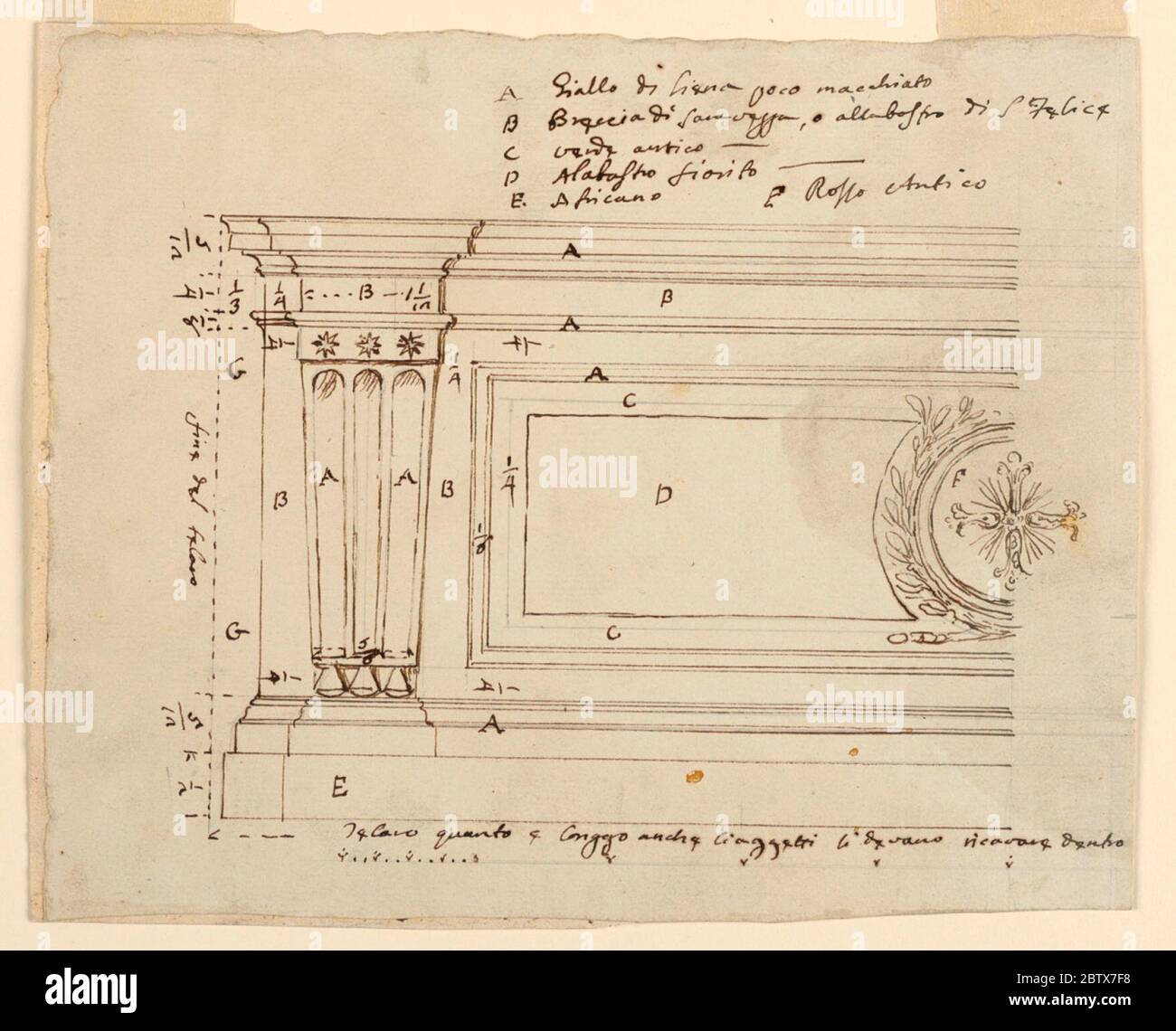 Mensa altare. Ricerca in ProgressCon lievi variazioni, come -1365. I cornici dei pannelli anteriori sono stati modificati e sono stati aggiunti due rami di alloro incrociati attorno a quello centrale. La metà sinistra. Le quote sono inscritte. Accanto sono riportate le misurazioni delle modanature. Foto Stock