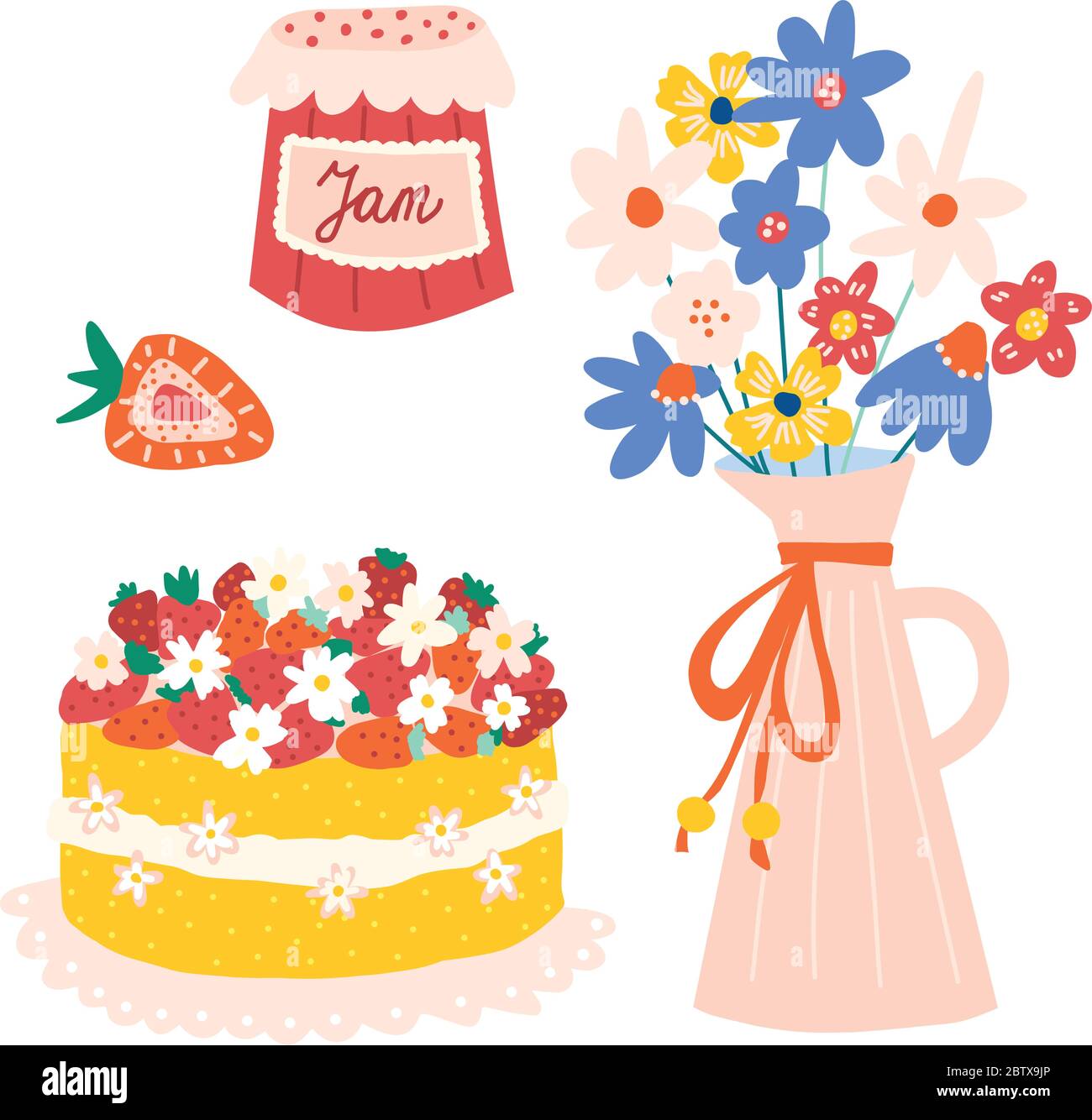 Icone vettoriali per feste estive isolate. Torta di fragole, marmellata, vaso di fiori illustrazione disegnata a mano. Da utilizzare per biglietti di auguri, inviti, feste estive in giardino Illustrazione Vettoriale