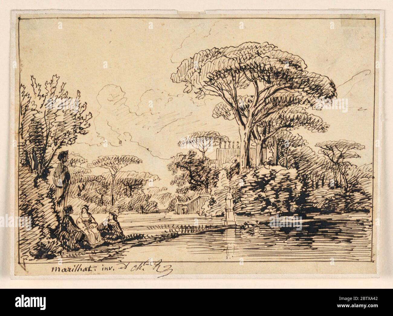 Orizzontale. Ricerca in ProgressPark di una villa del Sud Europa con un laghetto che si estende obliquamente in primo piano. Una donna e due uomini in abbigliamento rinascimentale sono seduti al bordo dello stagno ai piedi di una tatue, a sinistra. Linee di Framina. Foto Stock