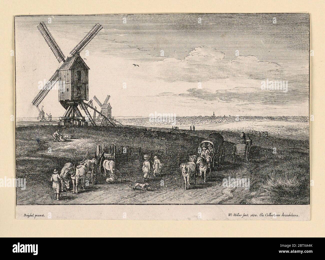 Paesaggio con mulini a vento. Ricerca in ProgressIn un ampio paesaggio tre mulini a vento sono visti in primo piano a sinistra e a metà distanza. Contadini e carri in una strada in primo piano. Inscritto sotto, in basso a sinistra: 'Brüghel pinxit.' e in basso a destra: 'W. Hollar fecit, 1650, es. Collectionie Arundeliana'. Foto Stock