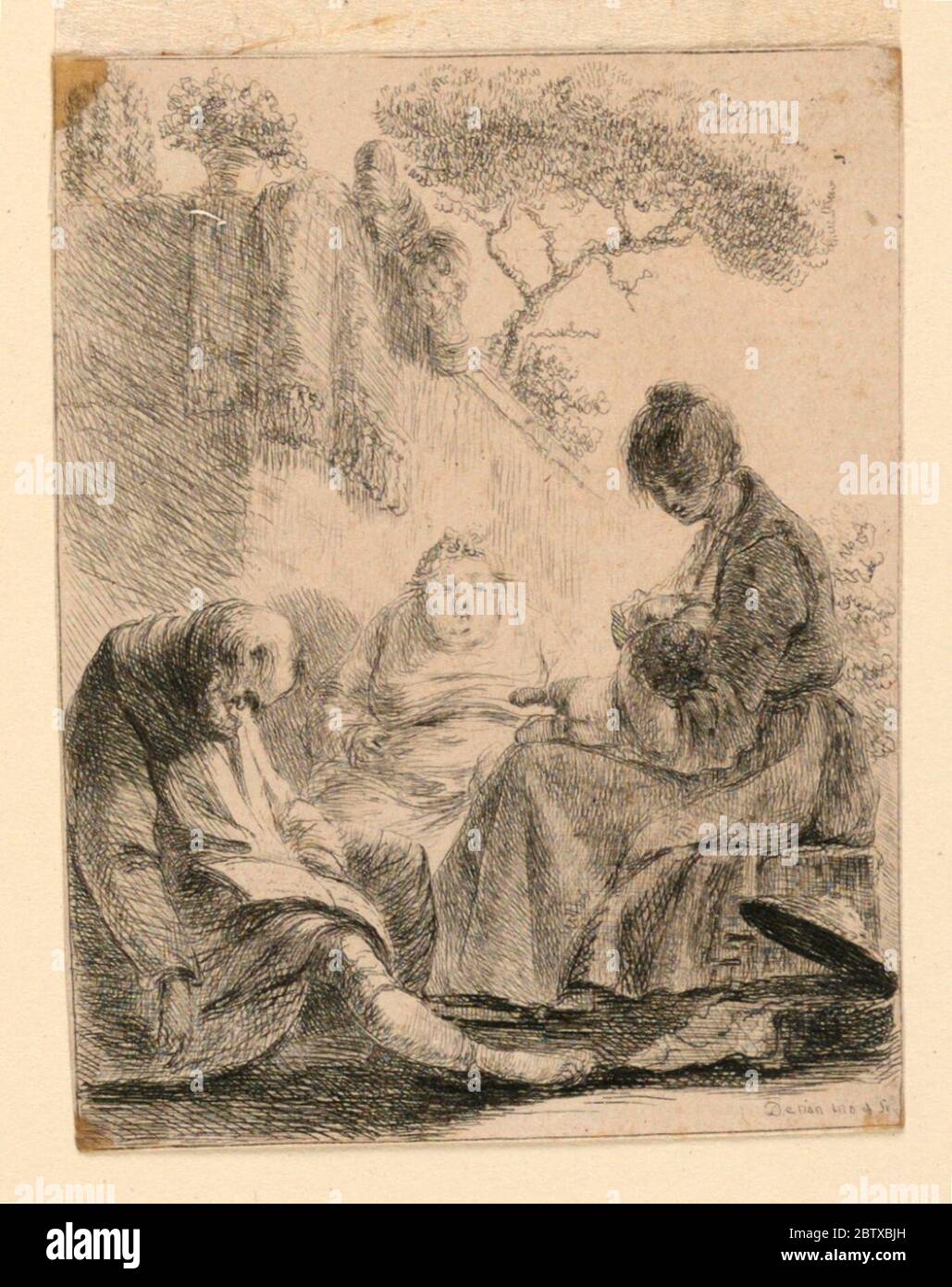 Famiglia seduto vicino a un muro. Ricerca in Progressa madre è seduta con il suo bambino in braccio, destra. A sinistra, una coppia anziana seduta. Giardino; una figura si appoggia su un muro sullo sfondo sinistro. Foto Stock