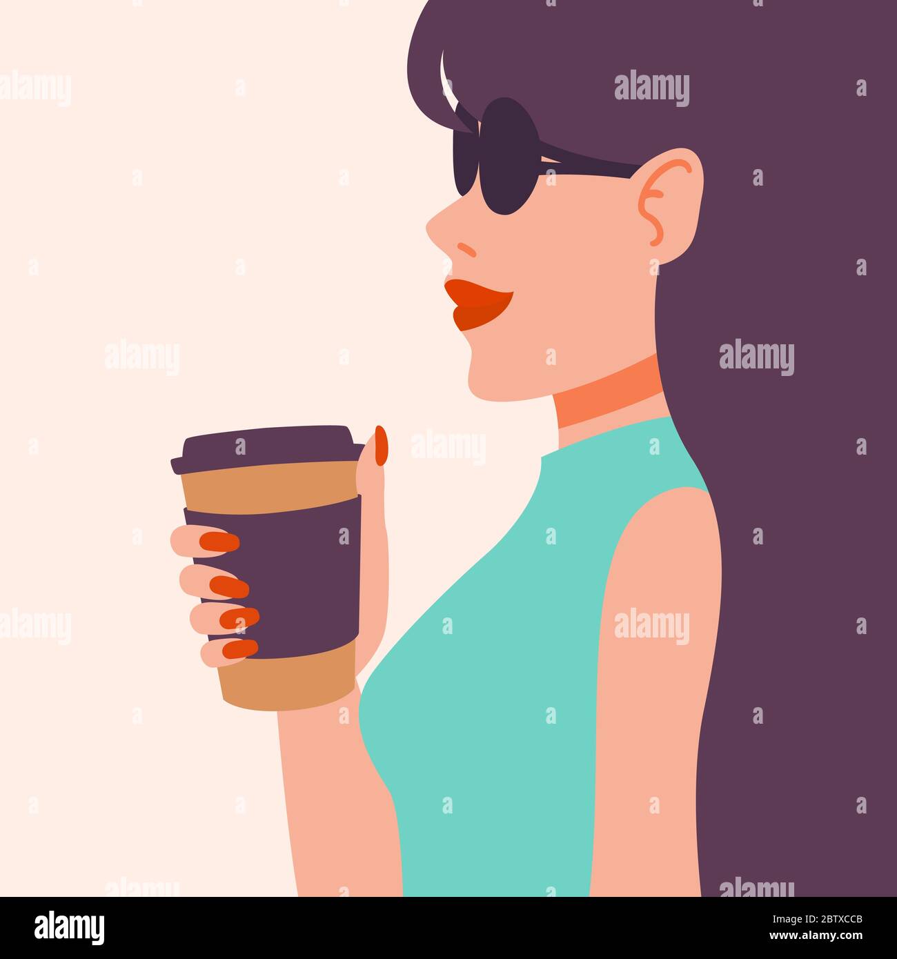 Ragazza che beve caffè. Bella giovane donna che si sorseggia un drink. Donna con lunghi capelli scuri in occhiali da sole, manicure rossa, rossetto rosso, tazza. Illustrazione vettoriale Illustrazione Vettoriale