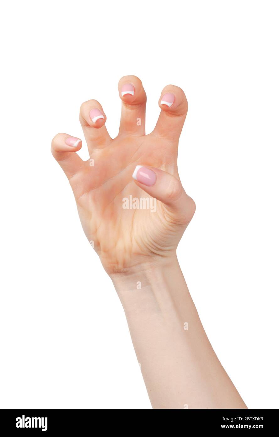 Mano femminile con gesto aggressivo su sfondo bianco Foto Stock