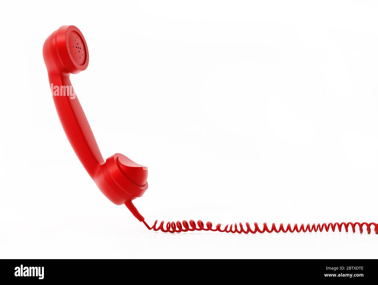 Ricevitore telefonico rosso vintage e cavo isolato su sfondo bianco. Illustrazione 3D. Foto Stock