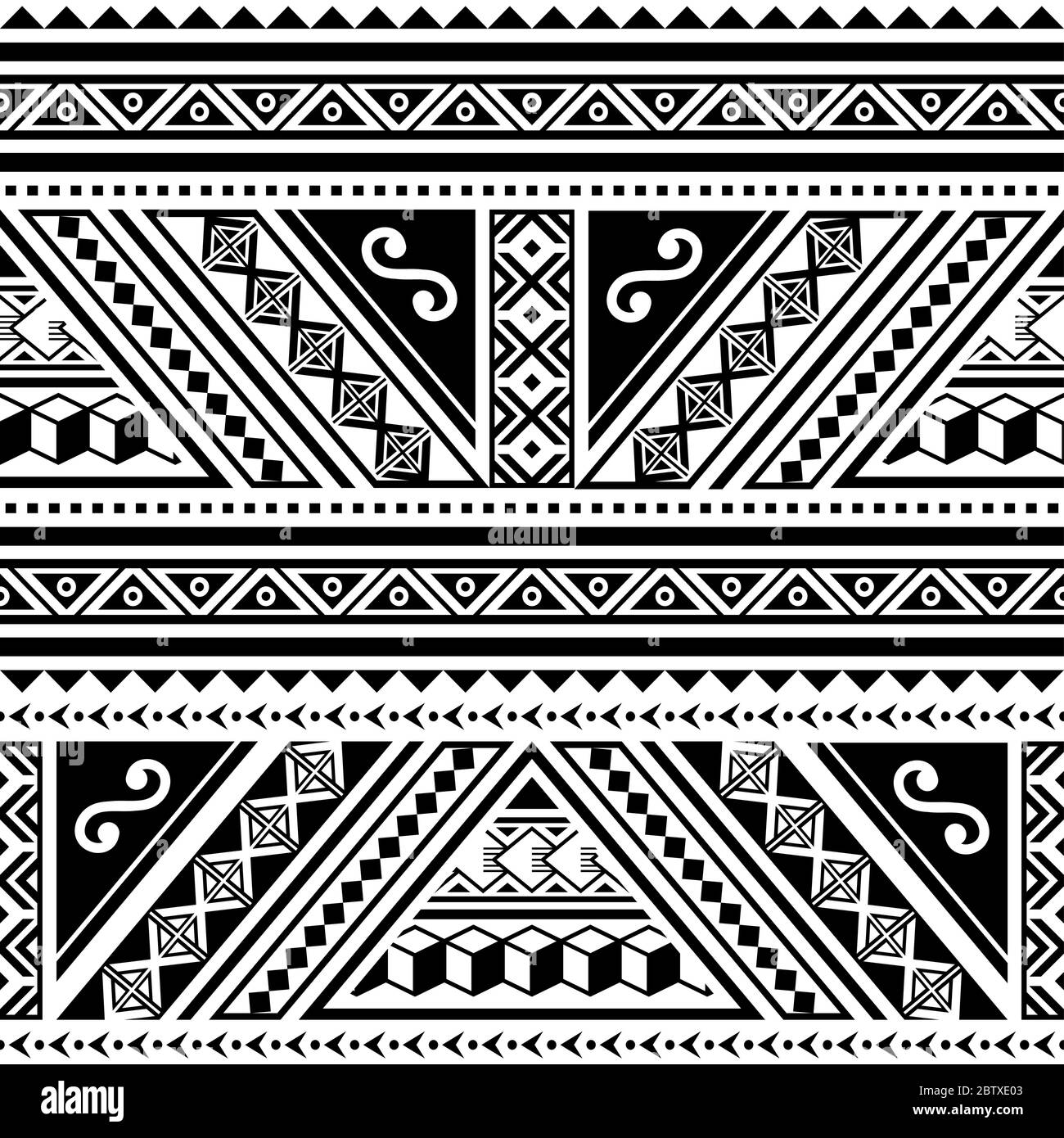 Modello orizzontale vettoriale senza giunture geometrico tribale polinesiano, design tradizionale hawaiano ispirato all'arte del tatuaggio Maori Illustrazione Vettoriale