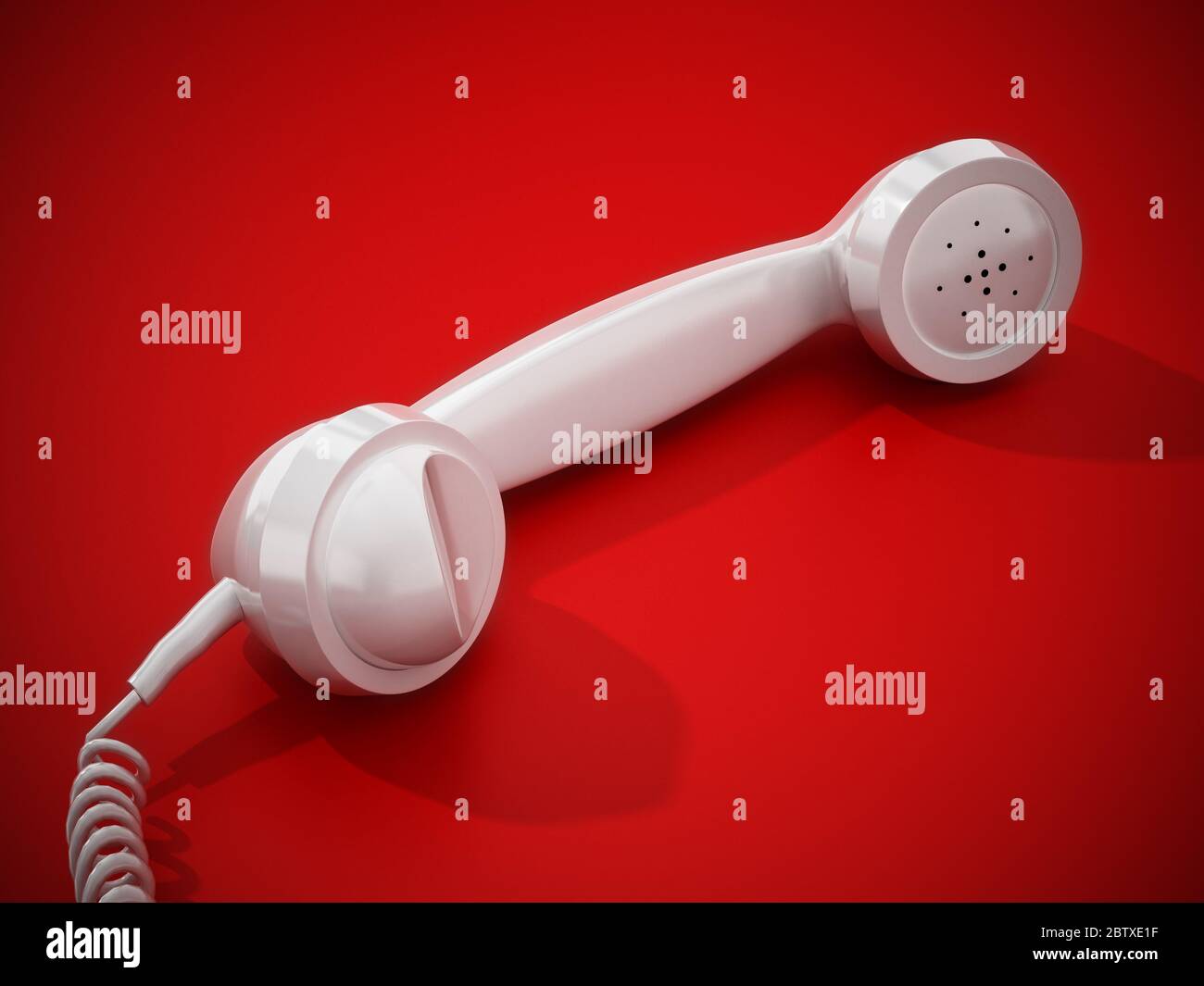 Ricevitore telefonico bianco vintage e cavo isolato su sfondo rosso. Illustrazione 3D. Foto Stock