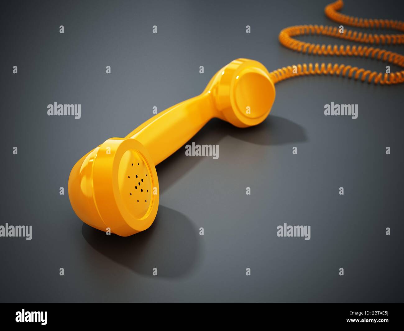 Ricevitore telefonico giallo vintage e cavo isolato su sfondo grigio. Illustrazione 3D. Foto Stock