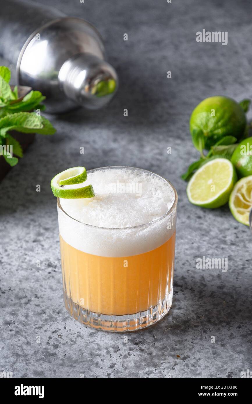 Cocktail Pisco Sour. Wiskey con lime, albume d'uovo, sciroppo di zucchero in vetro grigio. Verticale. Primo piano. Foto Stock