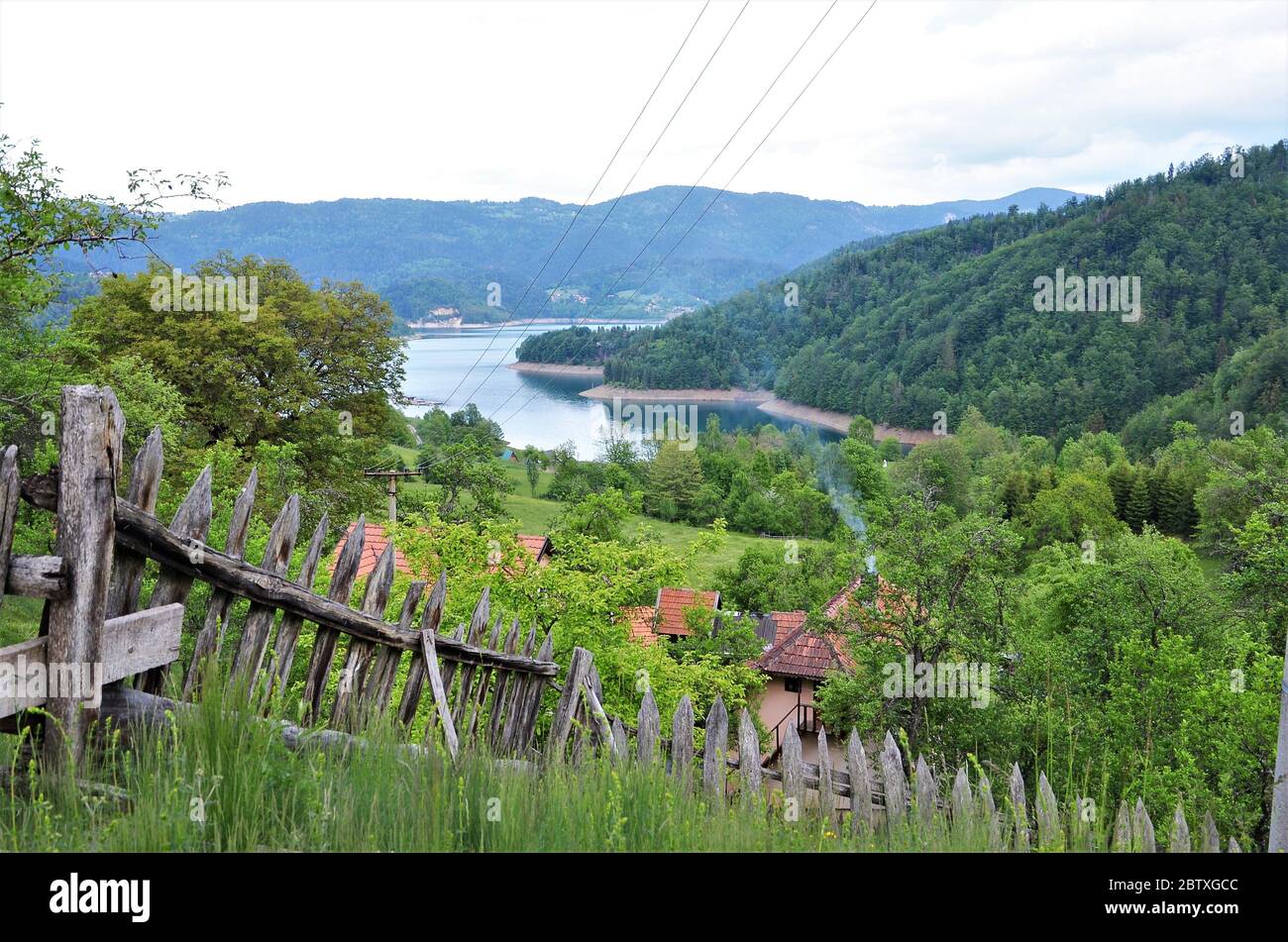 Lago Zaovina sulla spiaggia di Tara, Serbia, splendido paesaggio verde Foto Stock