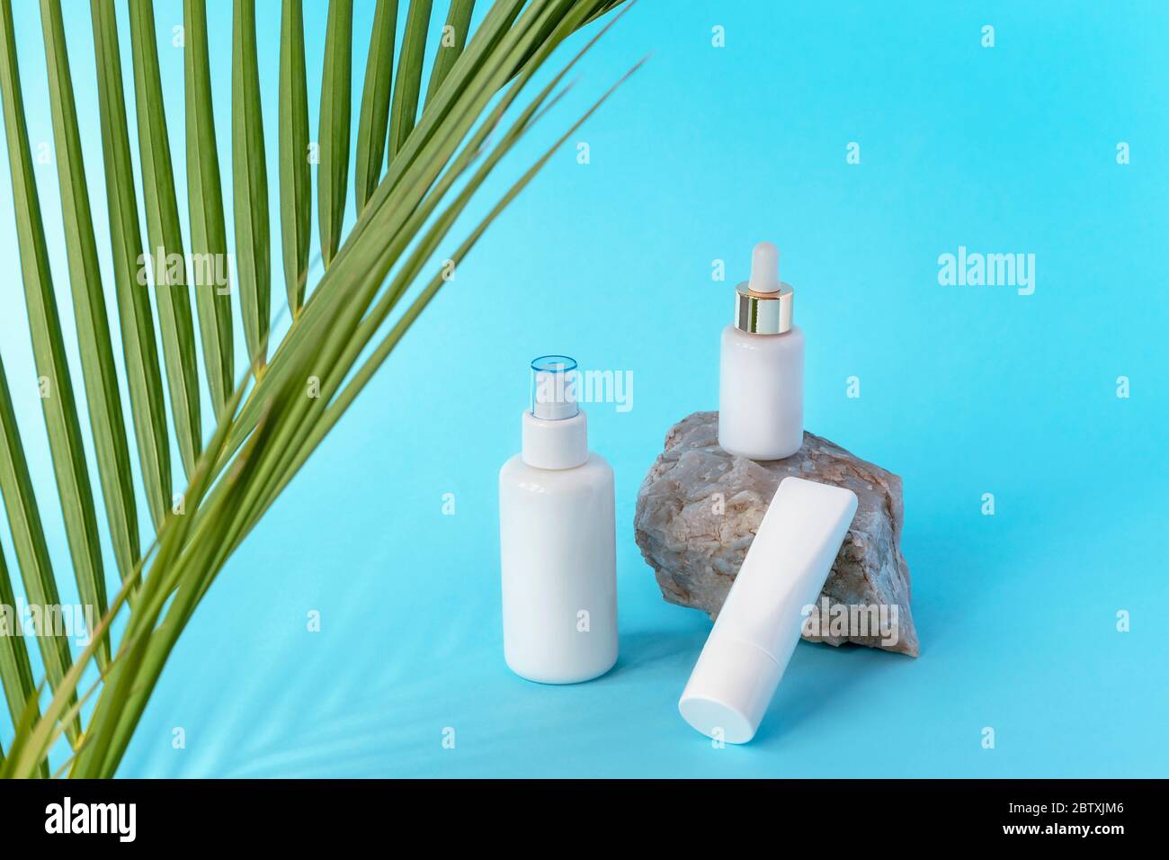 Tonico cosmetico, provetta con crema e siero in confezioni bianche su  sfondo blu con foglie di palma. Concetto di prodotti naturali per la cura  della pelle Foto stock - Alamy
