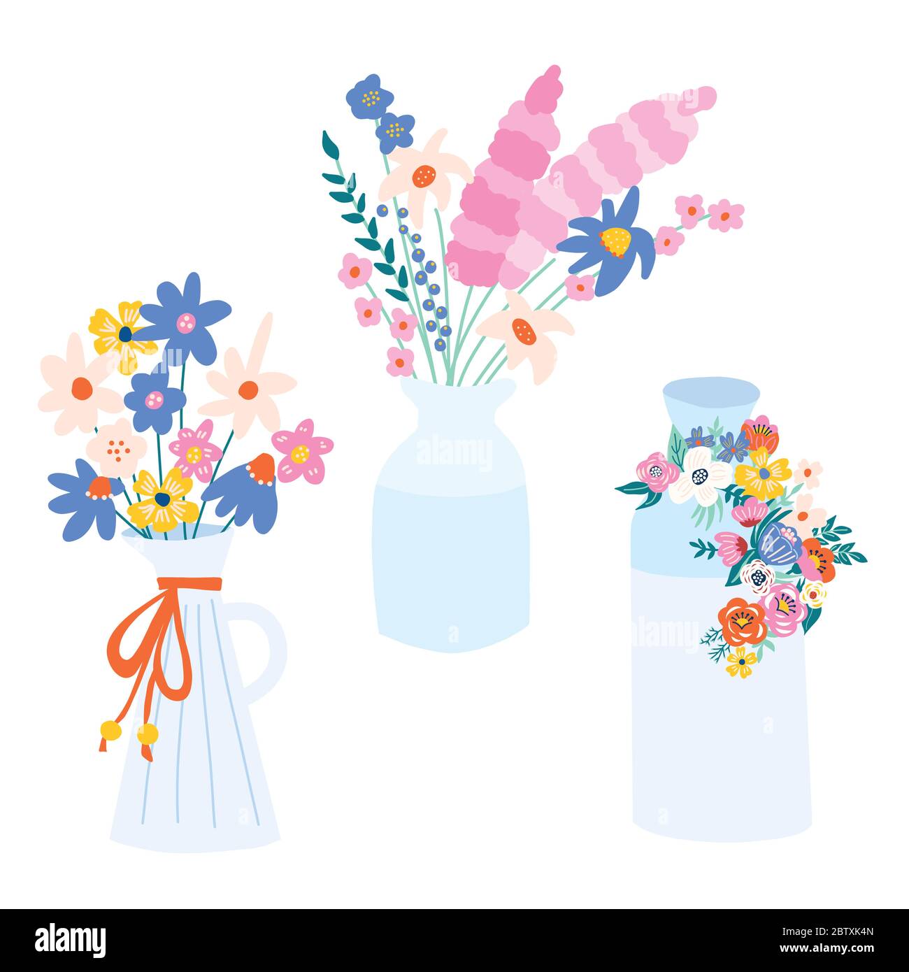 Illustrazione del vettore del set vaso fiore. Vasi isolati con fiori primaverili ed estivi. USA icone clipart per l'arredamento delle carte, inviti estivi Illustrazione Vettoriale
