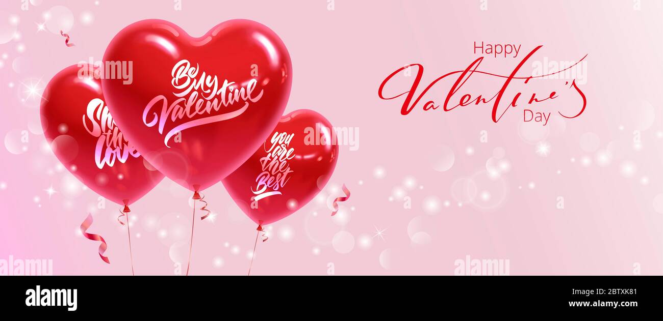 Banner orizzontale per San Valentino. Palloncini realistici a forma di cuore con iscrizioni su sfondo rosa. Foto Stock