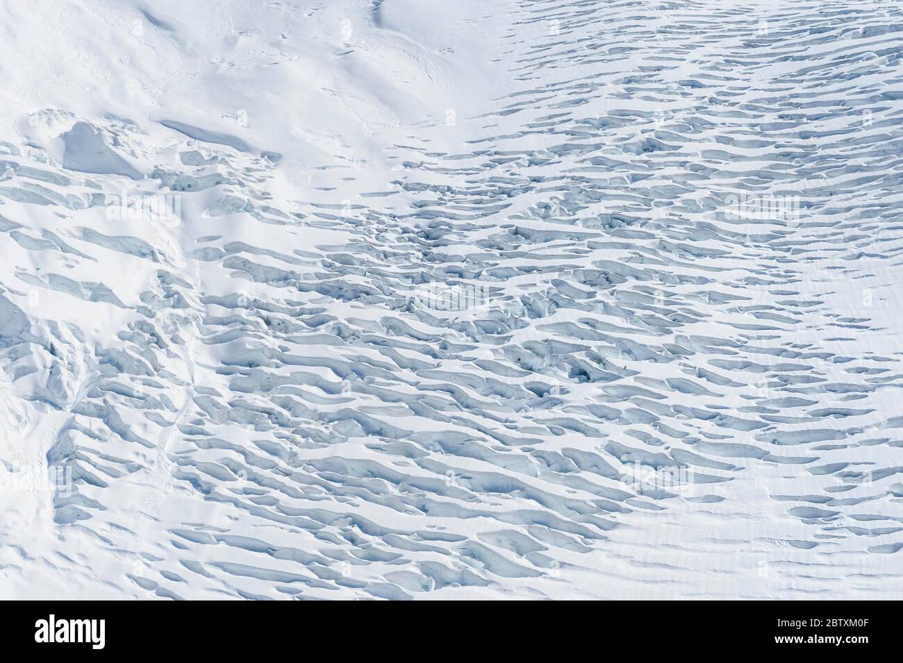 Vista aerea, campo di ghiaccio con crepacci longitudinali, Mt. Cook Glacier, Mount Cook National Park, Canterbury regione, Nuova Zelanda Foto Stock