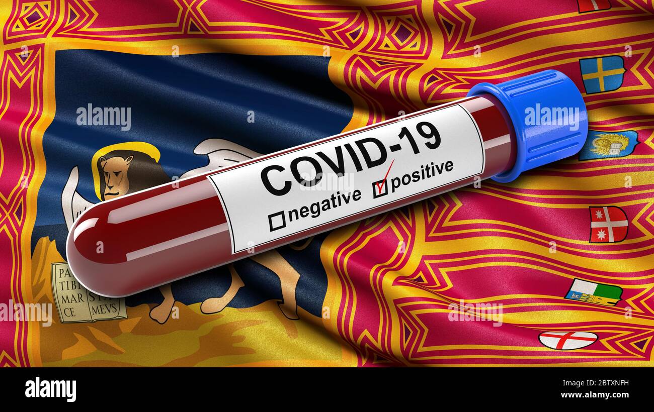 Bandiera italiana del Veneto che sventolava nel vento con una provetta per analisi del sangue COVID-19 positiva. Foto Stock