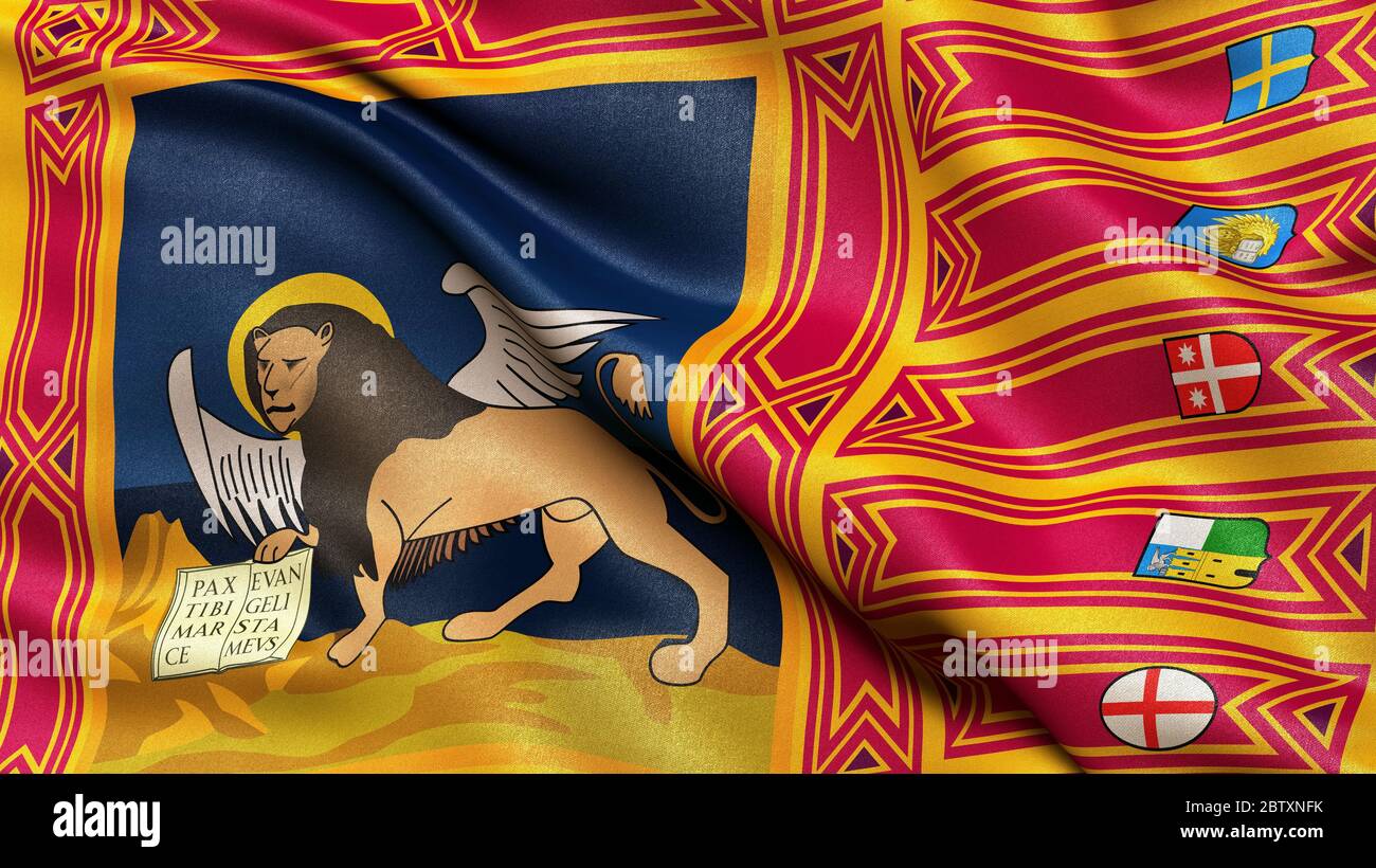 Illustrazione in 3D della bandiera italiana del Veneto che sventola nel vento. Foto Stock