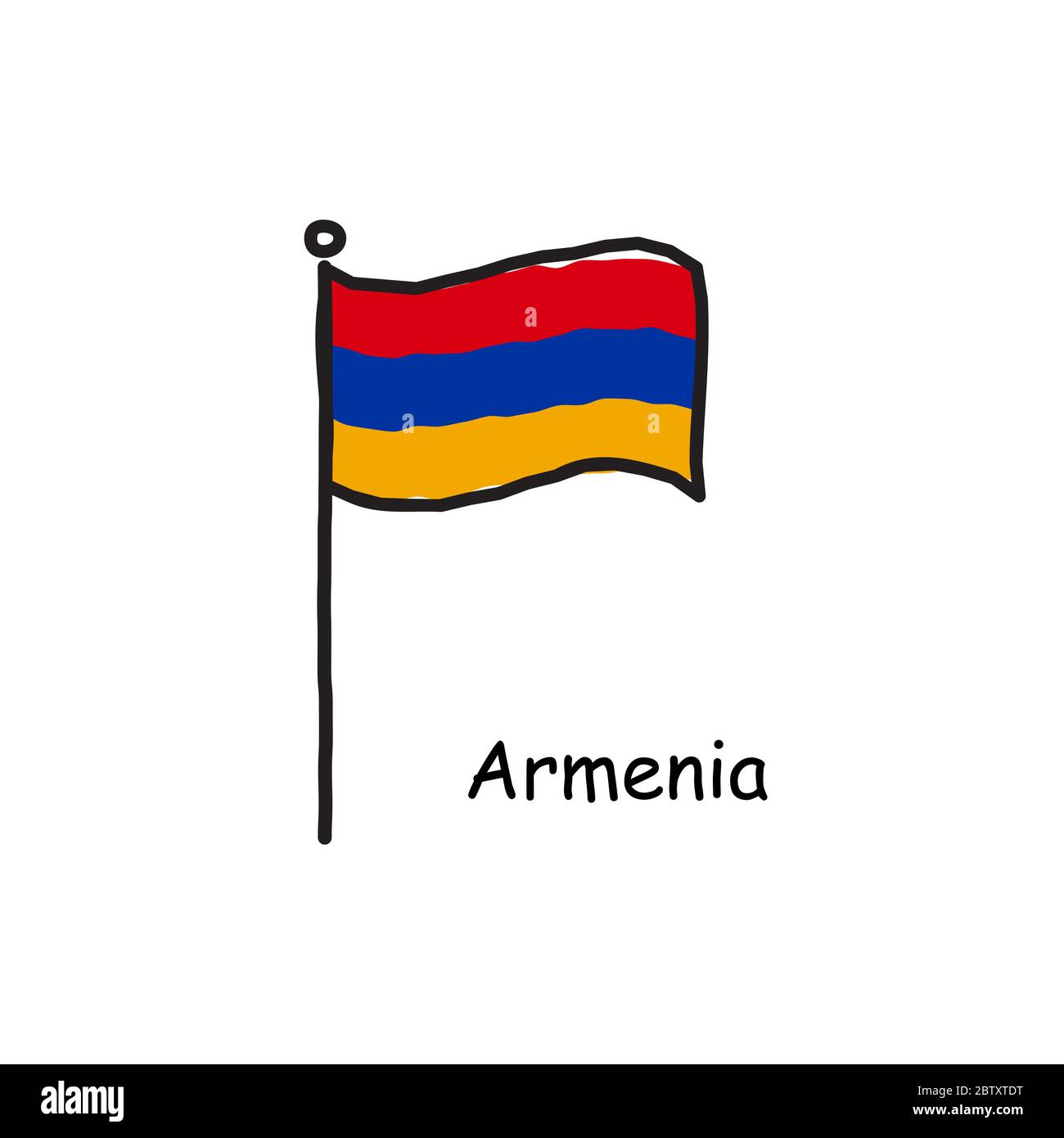 Bandiera armena disegnata a mano sul palo bandiera. Bandiera a tre colori . Illustrazione vettoriale stock isolata su sfondo bianco. Illustrazione Vettoriale