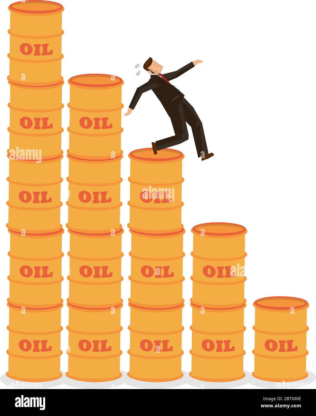 Pericolo di caduta di un uomo d'affari in cima a barili di petrolio. Concetto di calo dei prezzi del petrolio e di diminuzione dei costi del petrolio a causa dell'economia. Illustrazione vettoriale Illustrazione Vettoriale