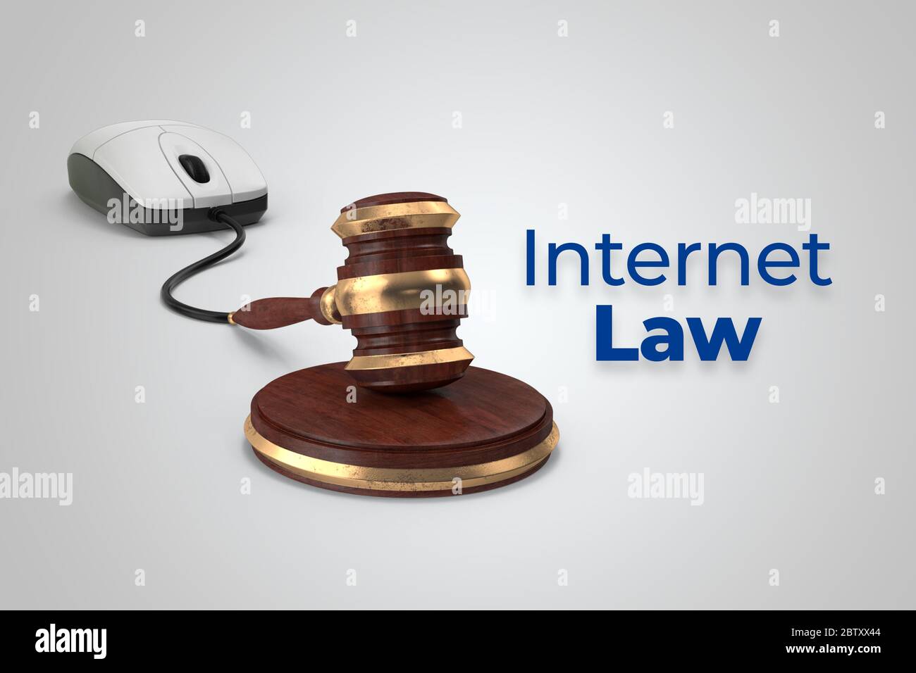 Concetto di rendering della legge su Internet digitale con mouse e connessione a gavel su sfondo bianco isolato. Foto Stock