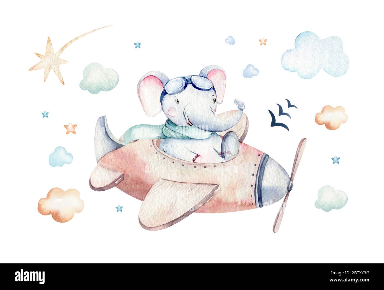 Watercolor Set baby cartoon simpatico pilota aviazione sfondo illustrazione di fantasioso trasporto aereo completo di aeroplani palloncini, nuvole. Childish Boy Foto Stock