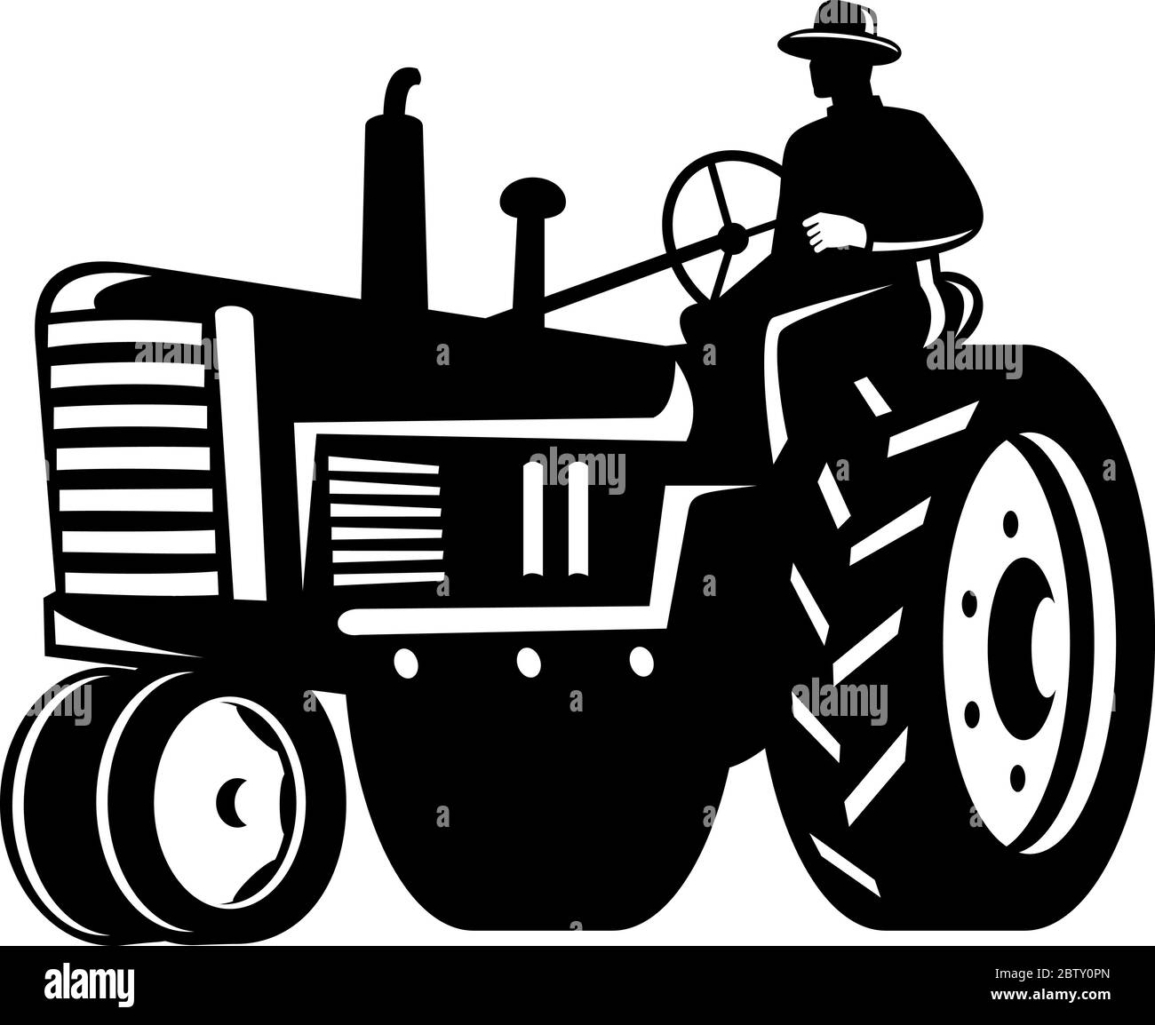 Illustrazione di una Silhouette un lavoratore agricolo biologico che guida un trattore d'epoca su sfondo isolato fatto in stile retrò bianco e nero. Illustrazione Vettoriale