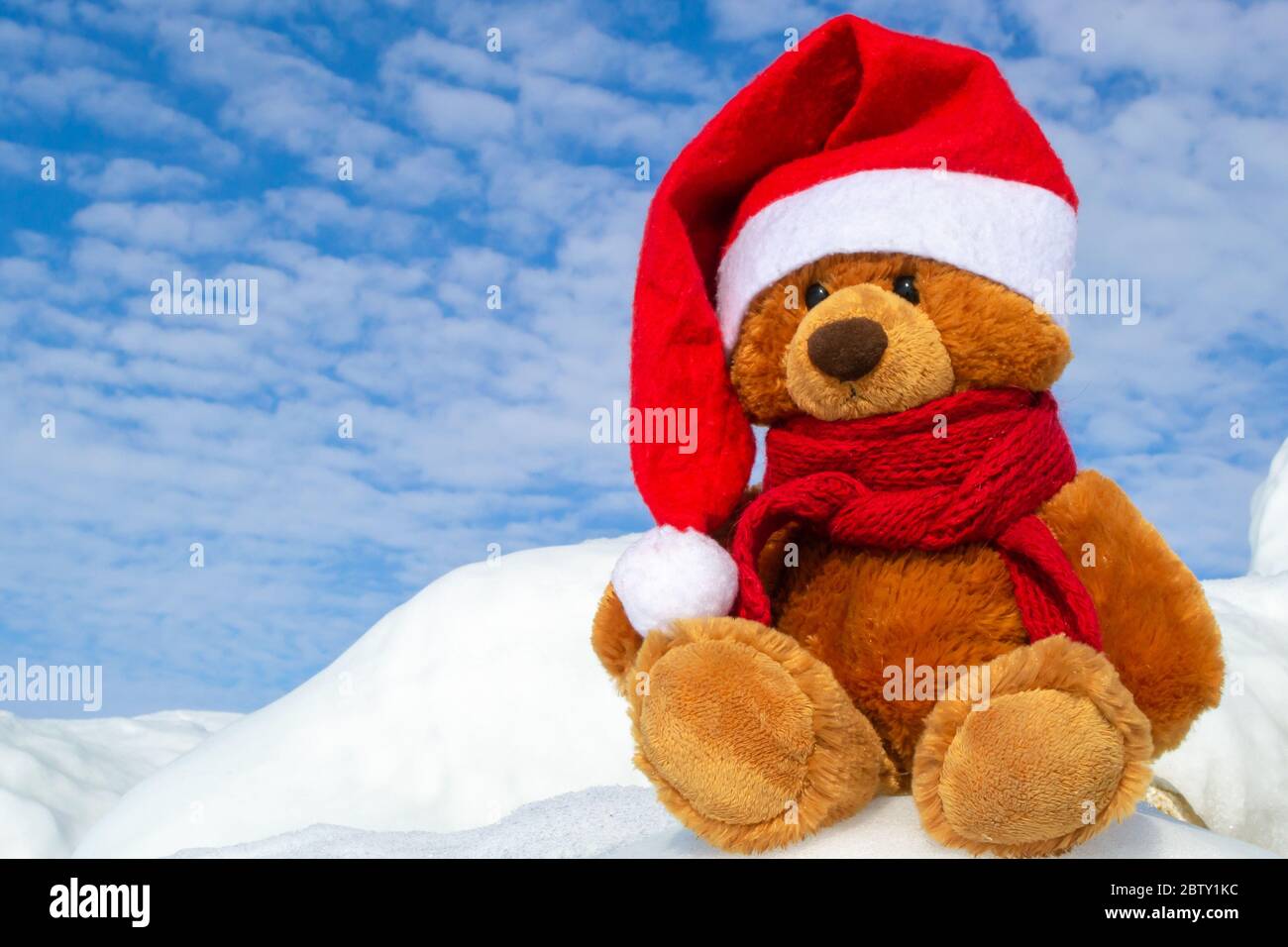 Orso di Natale in un cappello di Babbo Natale e una sciarpa rossa a maglia legata intorno al collo. Un orsacchiotto è seduto in una deriva di neve su uno sfondo di cielo blu. Foto Stock