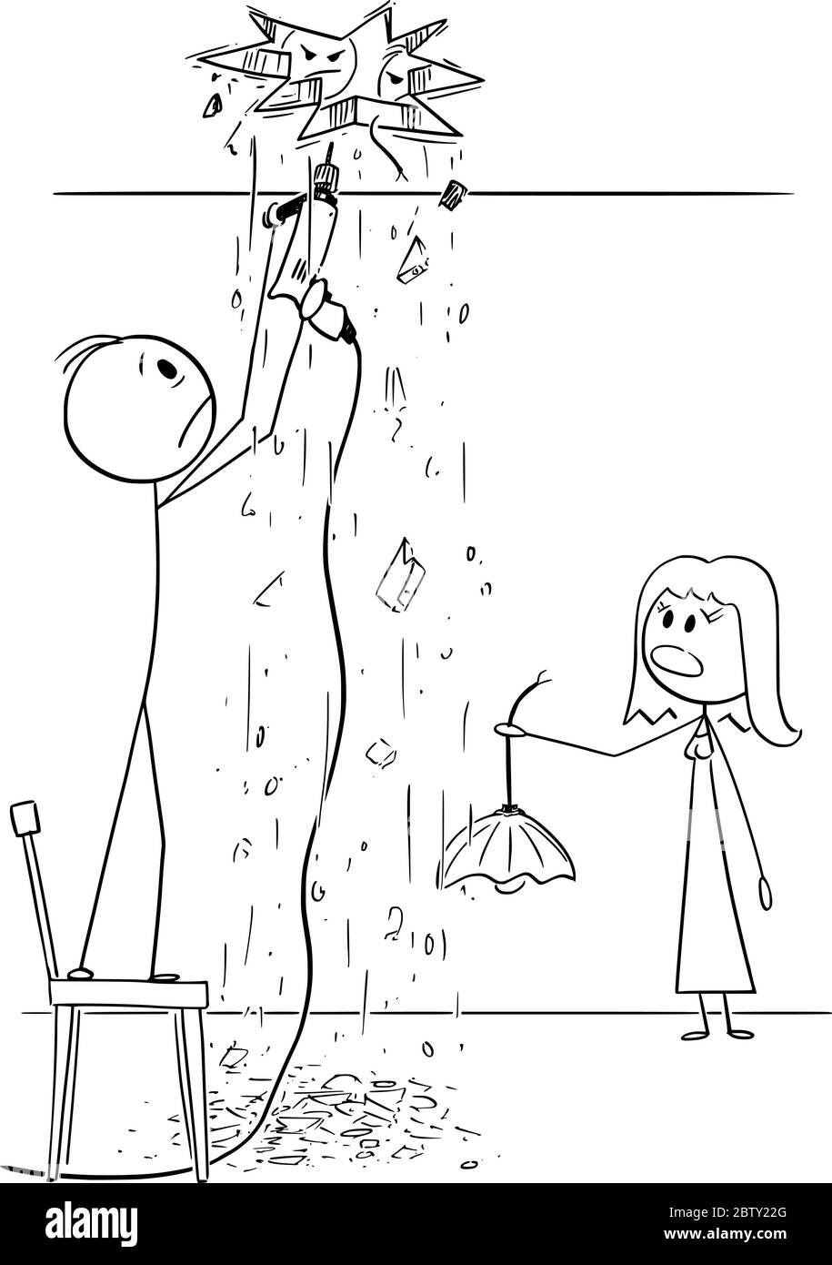 Disegno grafico vettoriale del cartoon illustrazione concettuale di uomo che installa il lampadario o la lampada a casa e danneggia il tetto o il soffitto, creando un buco. Illustrazione Vettoriale