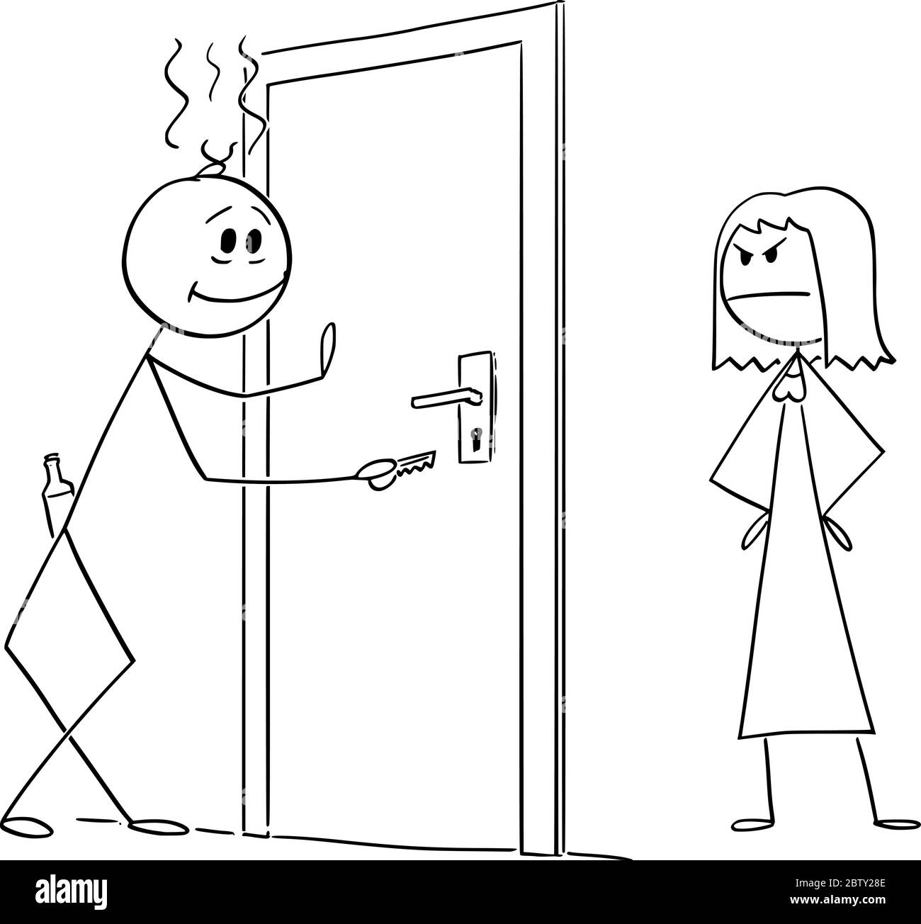 Disegno grafico vettoriale del cartoon illustrazione concettuale di uomo ubriaco che ritorna a casa. Moglie arrabbiata lo aspetta. Concetto di alcolismo. Illustrazione Vettoriale