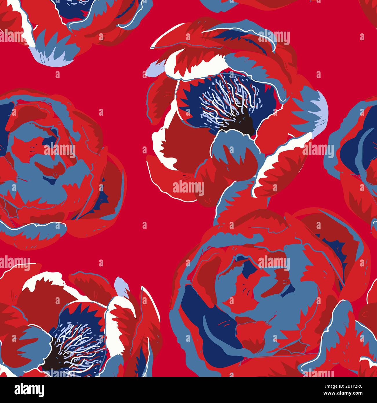 Grandi rose e peonie su sfondo rosso. Modello vettoriale senza giunture. Design moderno per tessuti e carta da parati. Foto Stock
