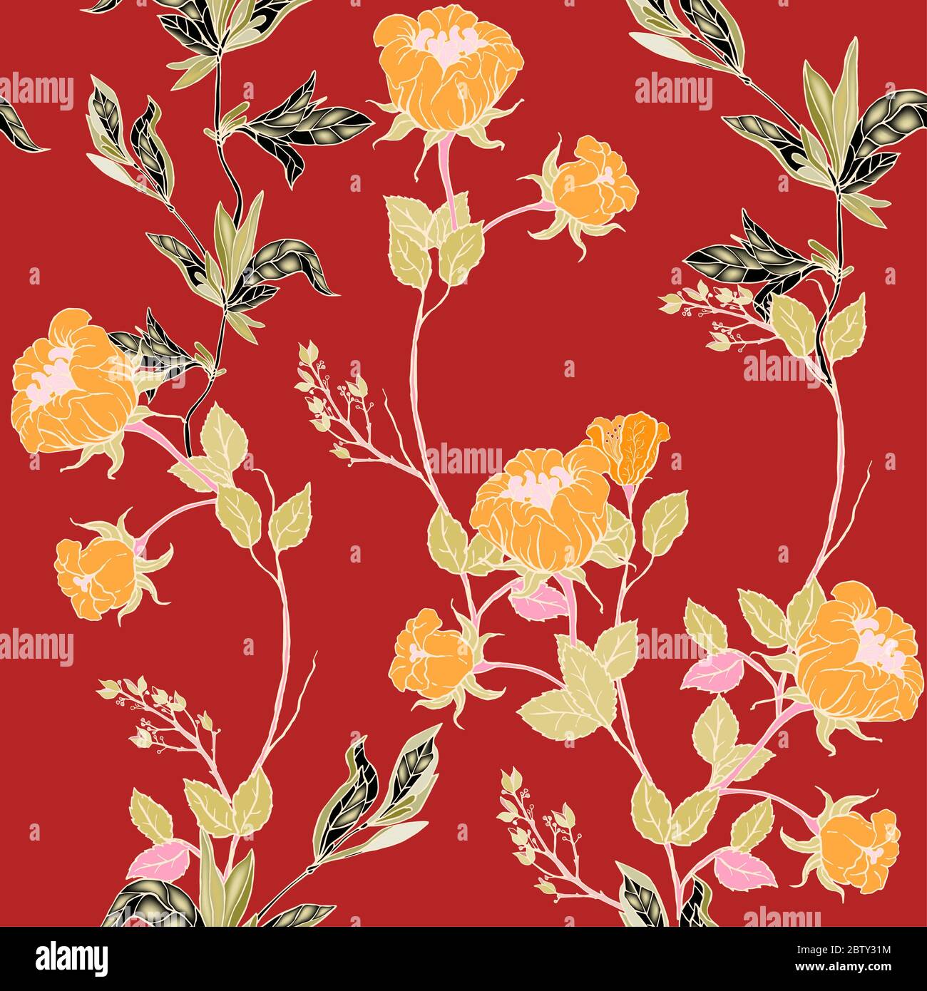Delicati ramoscelli di rose mandarino selvatiche con infiorescenze, foglie e petali su sfondo rosso. Motivo floreale senza cuciture. Illustrazione vettoriale disegnata a mano Foto Stock