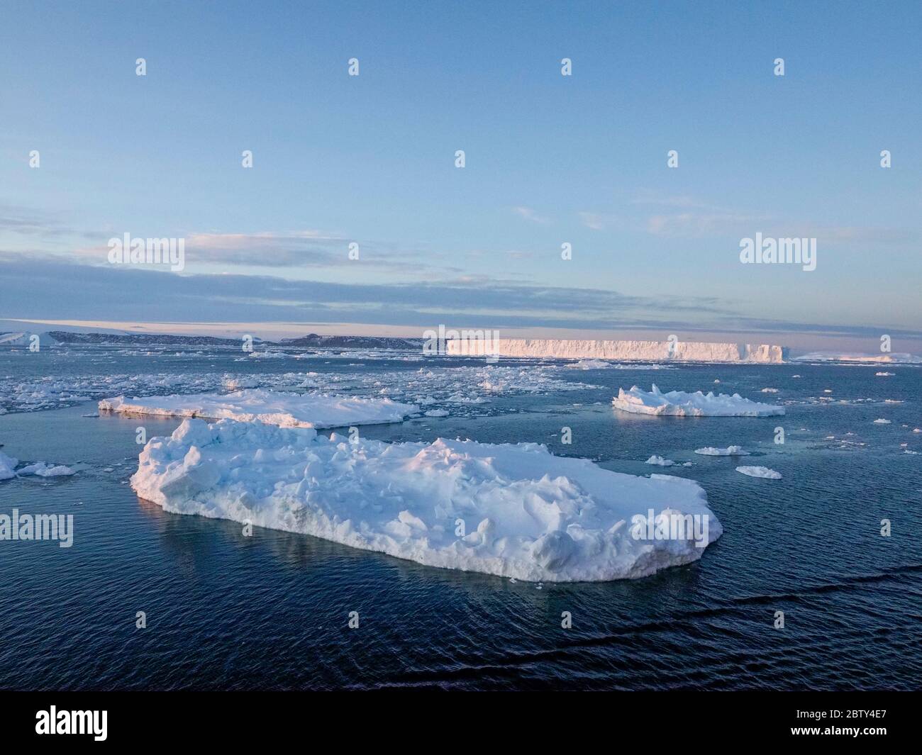 Ghiaccio di mare, iceberg tabulari e ghiaccio di pesce in Erebus e nel Golfo del Terrore, Weddell Sea, Antartide, regioni polari Foto Stock