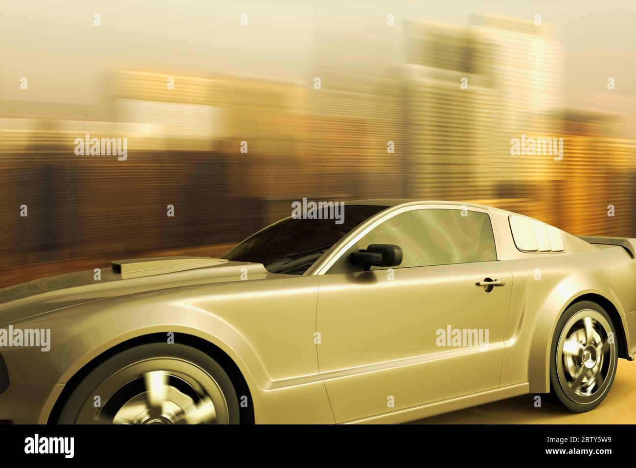 Rendering 3D di una vettura sportiva che accelera di fronte a uno skyline. Foto Stock