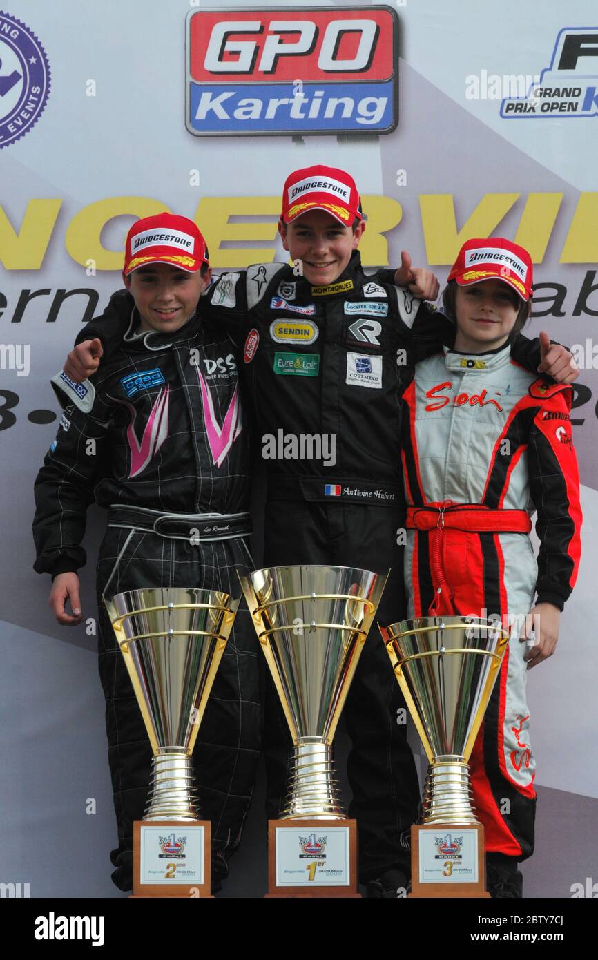 Leo Roussel, Anthoine Hubert (vincitore) e Charles Leclerc, al Campionato Francese 2009 di Angerville. Foto Stock