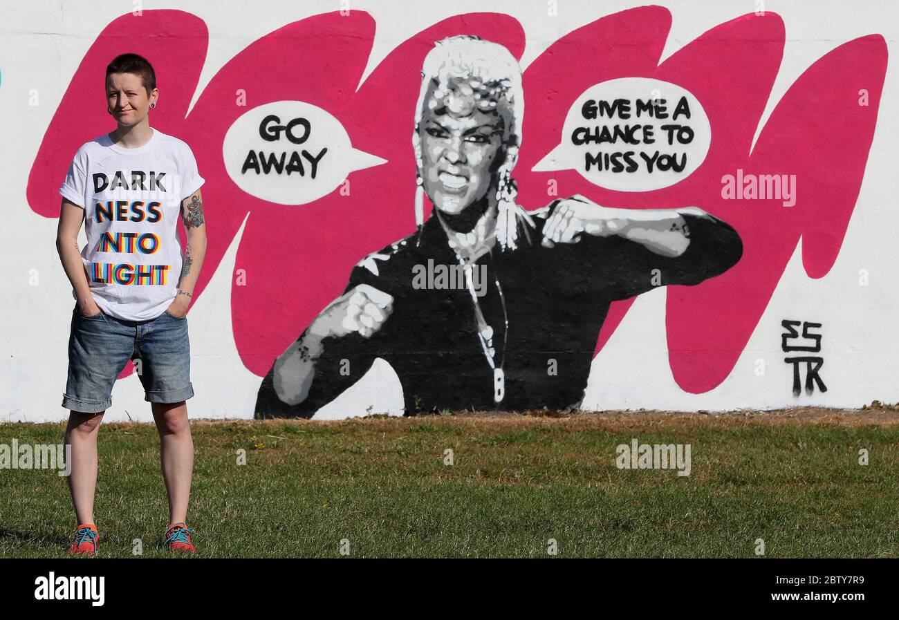 L'artista irlandese Emmalene Blake con il suo murale di Pink a Dublino Sud, una delle ultime di una serie di murales ispirati al coronavirus. Altri artisti in scena sono Dua Lipa, Tia e Tamera Mowry, Cardi B, Robyn, la polizia, Ice Cube, Pinky and the Brain e David Bowie. Foto Stock