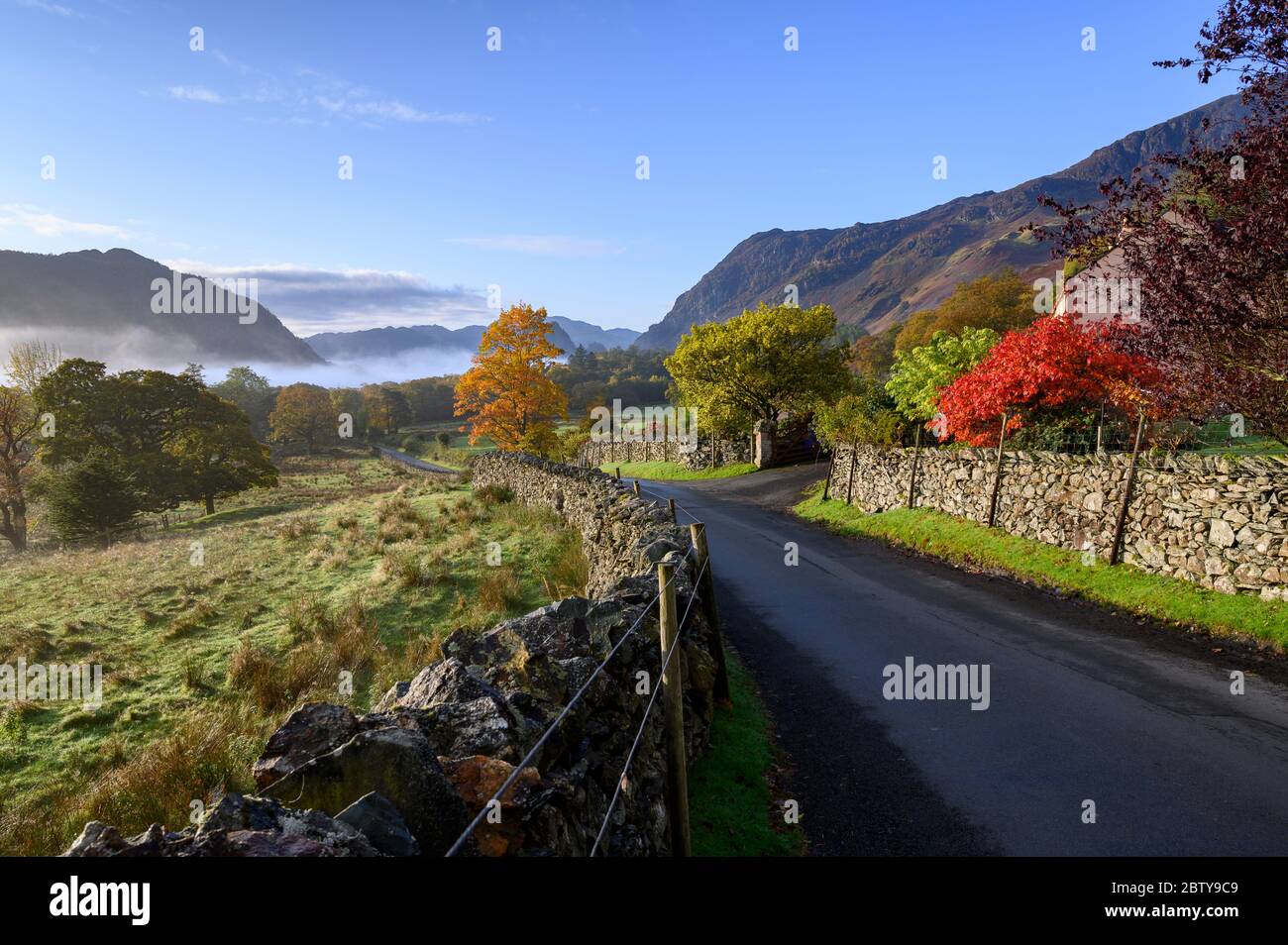 Autunnale scena a Borrowdale, Lake District National Park, Patrimonio dell'Umanità dell'UNESCO, Cumbria, Inghilterra, Regno Unito, Europa Foto Stock