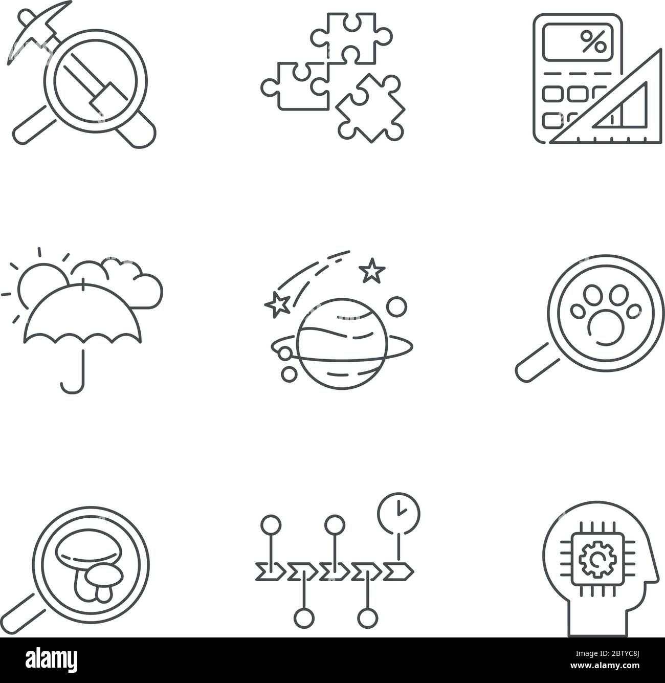 Set di icone lineari pixel Perfect per campi scientifici Illustrazione Vettoriale