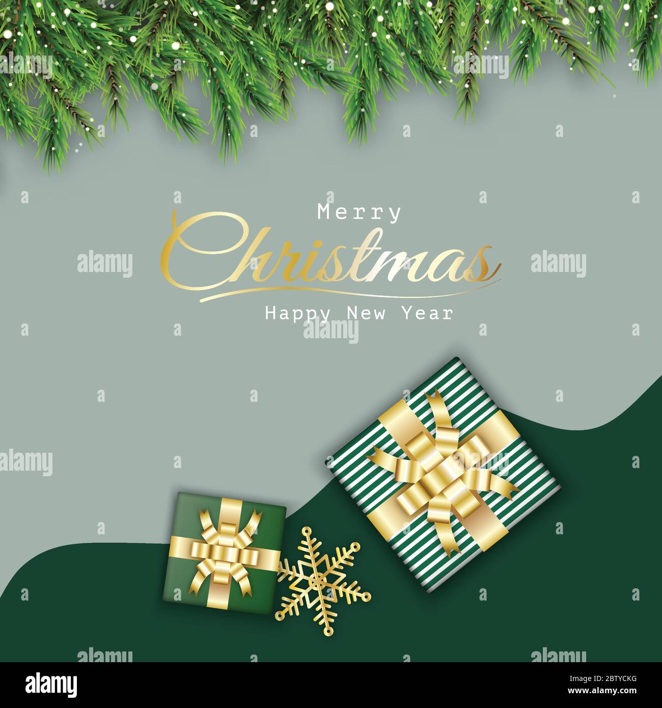 Sfondo di Natale decorativo con natale realistico scatola regalo verde e rami di pino. Banner, poster, saluto c Illustrazione Vettoriale