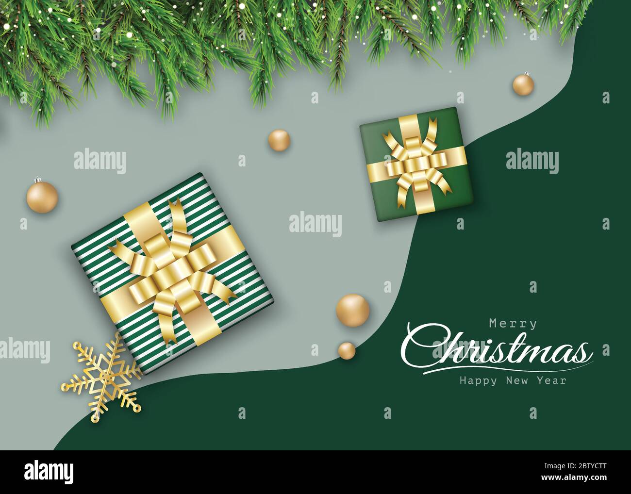 Sfondo di Natale decorativo con natale realistico scatola regalo verde, palle e rami di pino. Banner, poster, gre, sfondo verde brillante Illustrazione Vettoriale