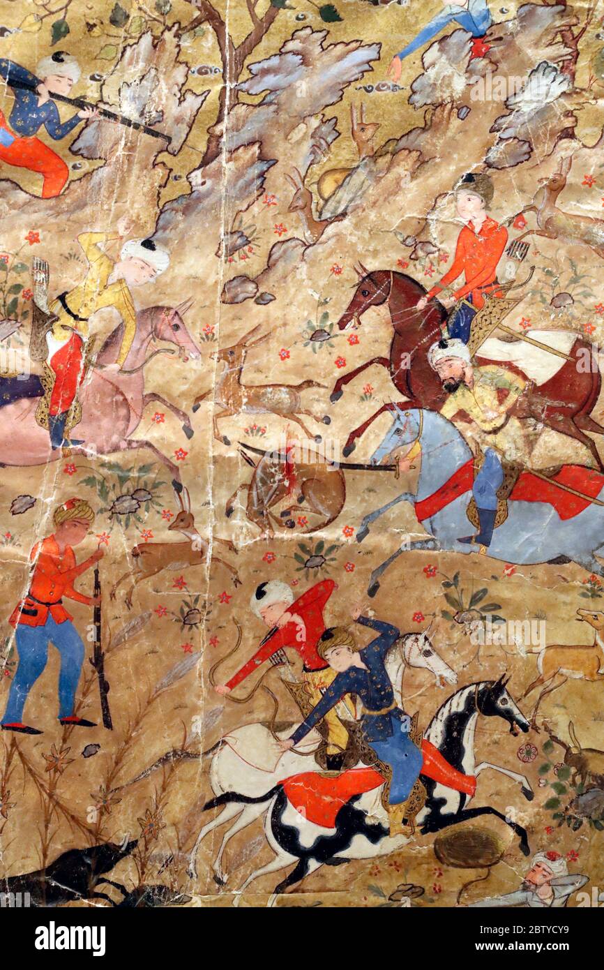 Ornamenti artistici di manoscritto di principi a caccia a cavallo, Safavid Iran, 16 ° secolo, Museo di Arte Islamica, Kuala Lumpur, Malesia, Southea Foto Stock