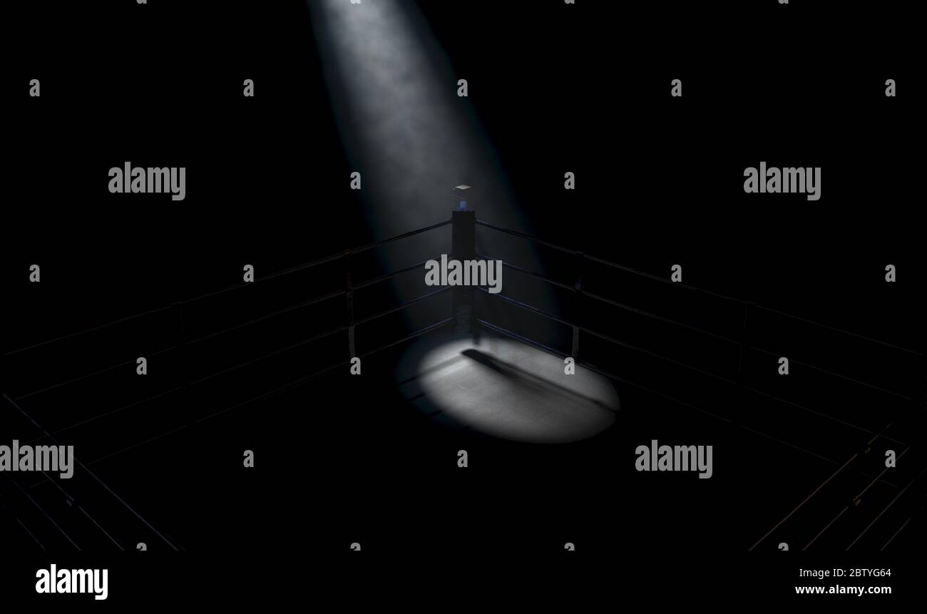 Un closeup drammatico di un angolo poco illuminato di un anello di boxe circondato da corde su uno sfondo scuro isolato - rendering 3D Foto Stock