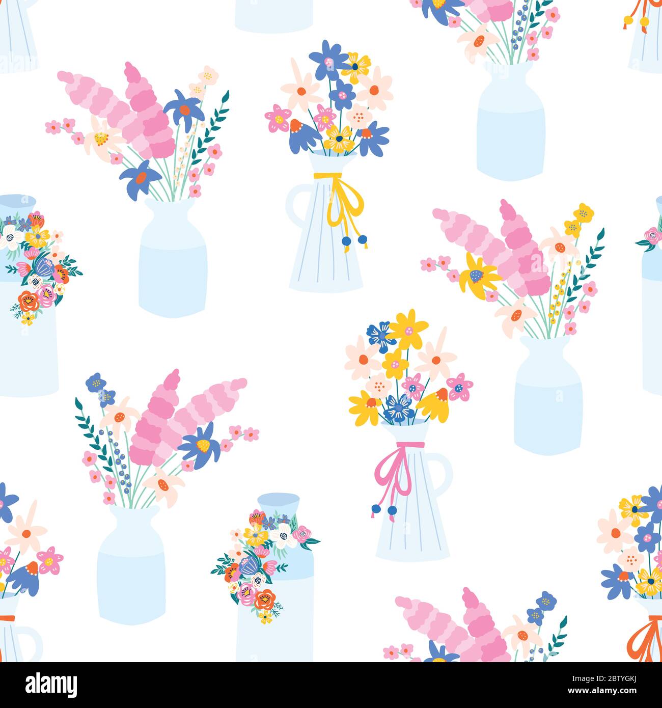 Vaso fiore modello vettoriale senza giunture. Vasi di sfondo ripetuti con fiori selvatici primaverili ed estivi. Per tessuti, involucri, carta da parati, tessuti per cucina Illustrazione Vettoriale