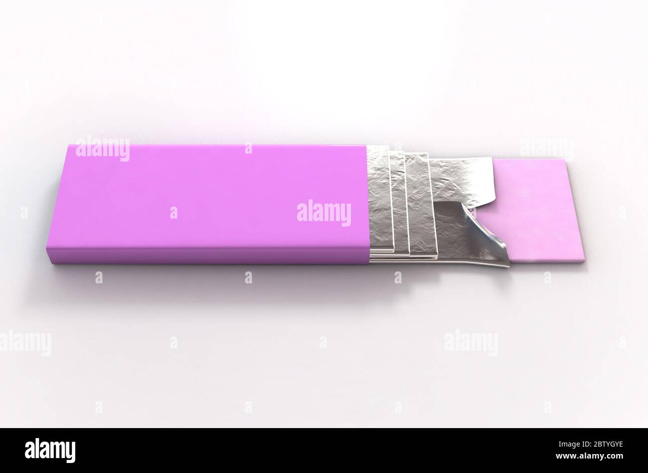 Confezione di gommosa a bolle d'aria non di marca con involucro rosa e quattro bastoncini di gomma che sporgono - rendering 3D Foto Stock